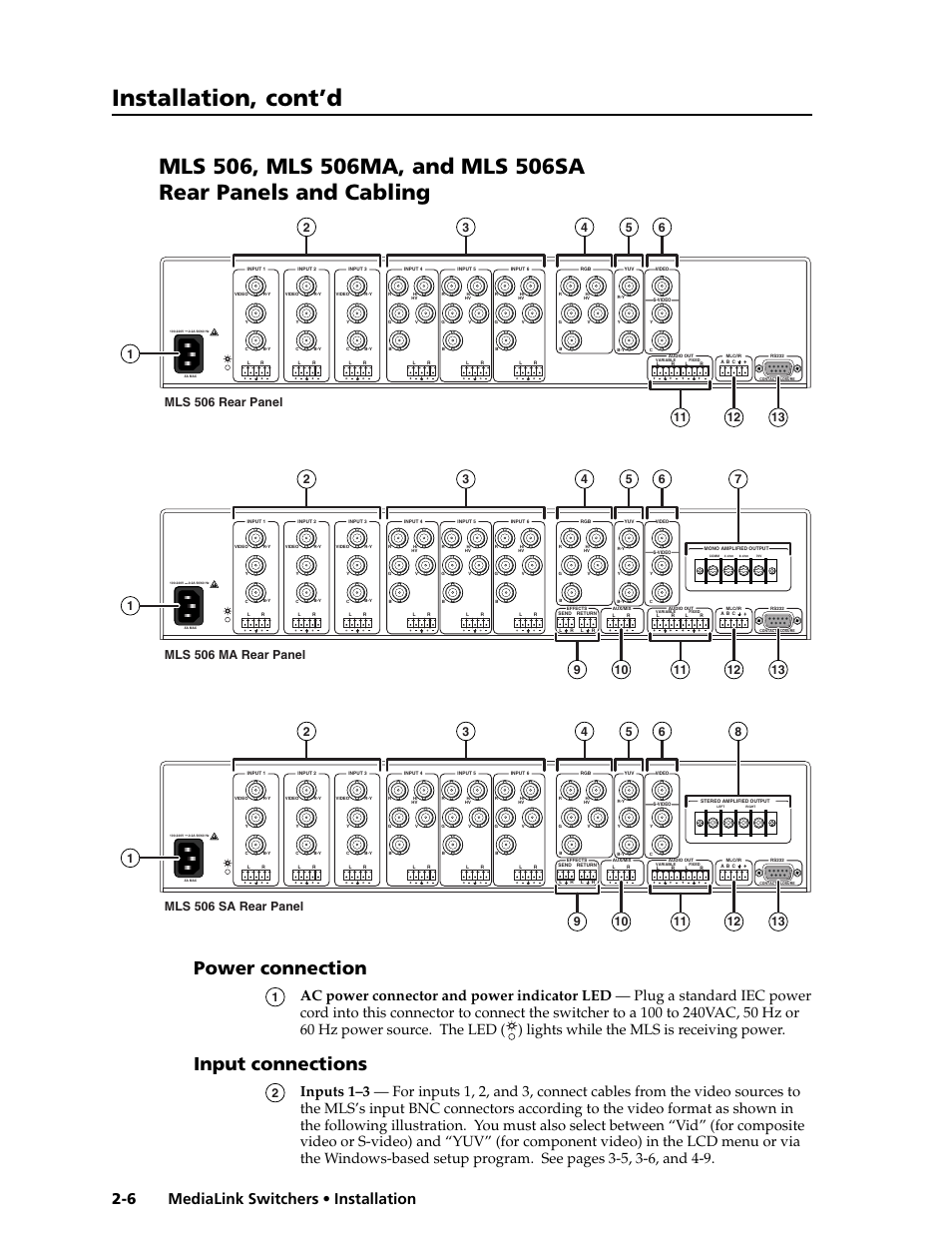 Installation, cont’d, Power connection, Input connections | Medialink switchers • installation 2-6 | Extron Electronics MLS 506SA User Manual | Page 12 / 50