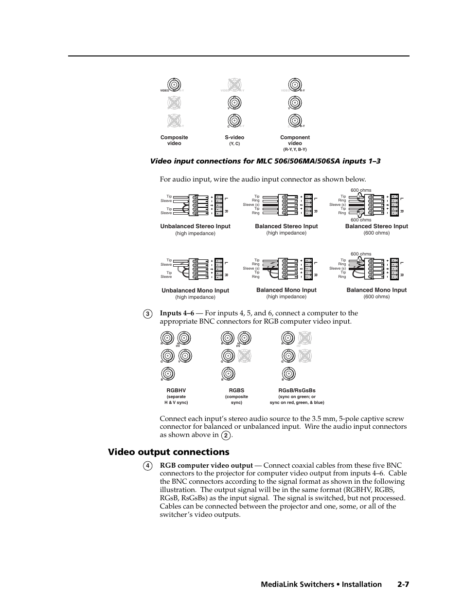 Video output connections, 7 medialink switchers • installation, Unbalanced stereo input | Balanced stereo input, Unbalanced mono input, Balanced mono input | Extron Electronics MLS 506SA User Manual | Page 13 / 50