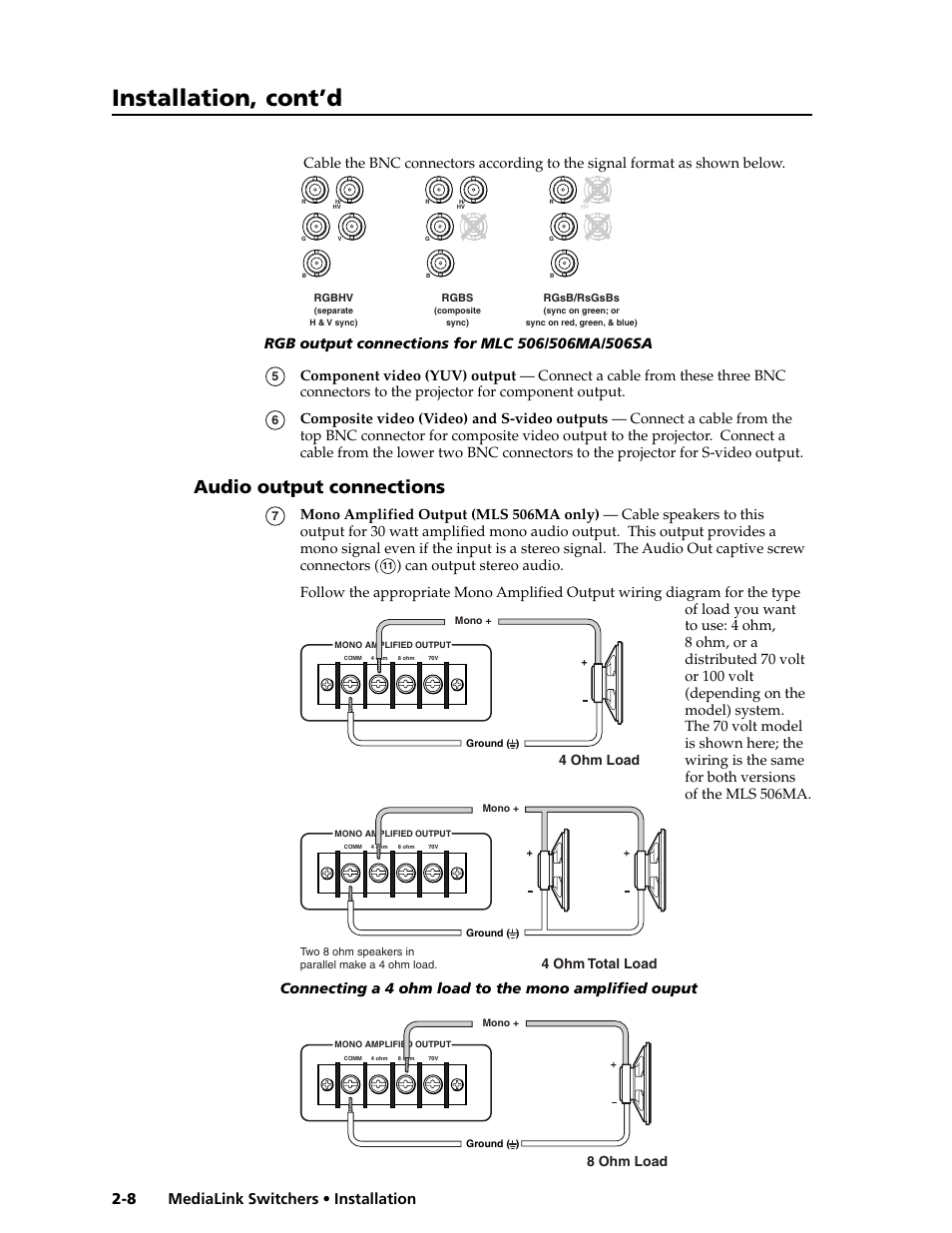 Installation, cont’d, Audio output connections, Medialink switchers • installation 2-8 | 4 ohm load 4 ohm total load | Extron Electronics MLS 506SA User Manual | Page 14 / 50