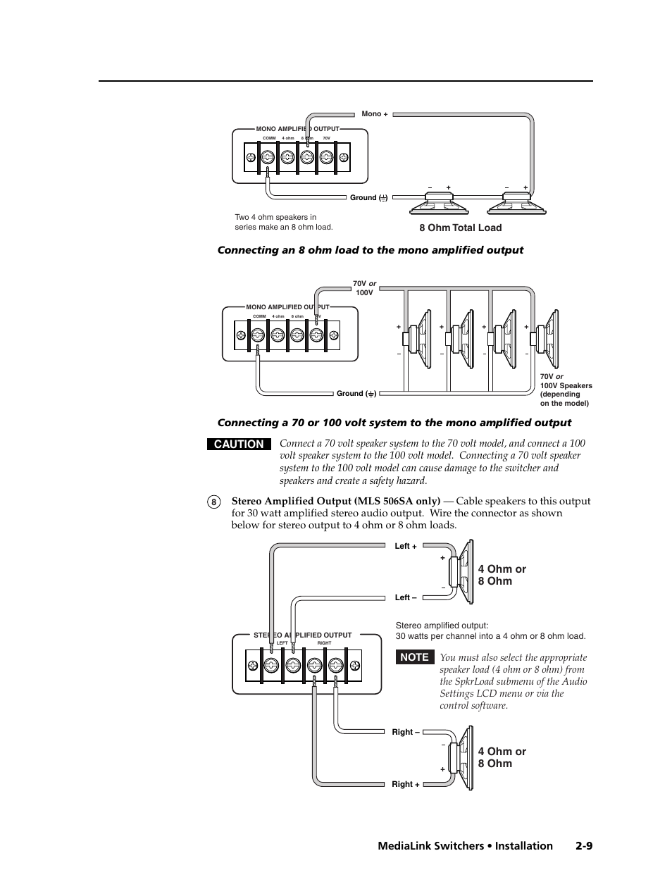 9 medialink switchers • installation, Caution, 4 ohm or 8 ohm | 8 ohm total load | Extron Electronics MLS 506SA User Manual | Page 15 / 50