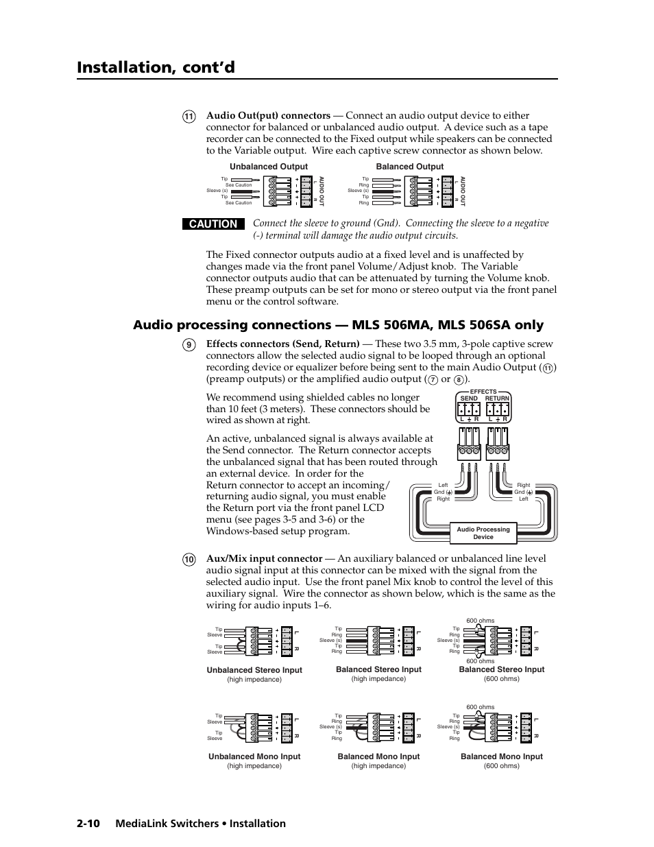 Installation, cont’d, Medialink switchers • installation 2-10, Caution | Preamp outputs) or the amplified audio output | Extron Electronics MLS 506SA User Manual | Page 16 / 50