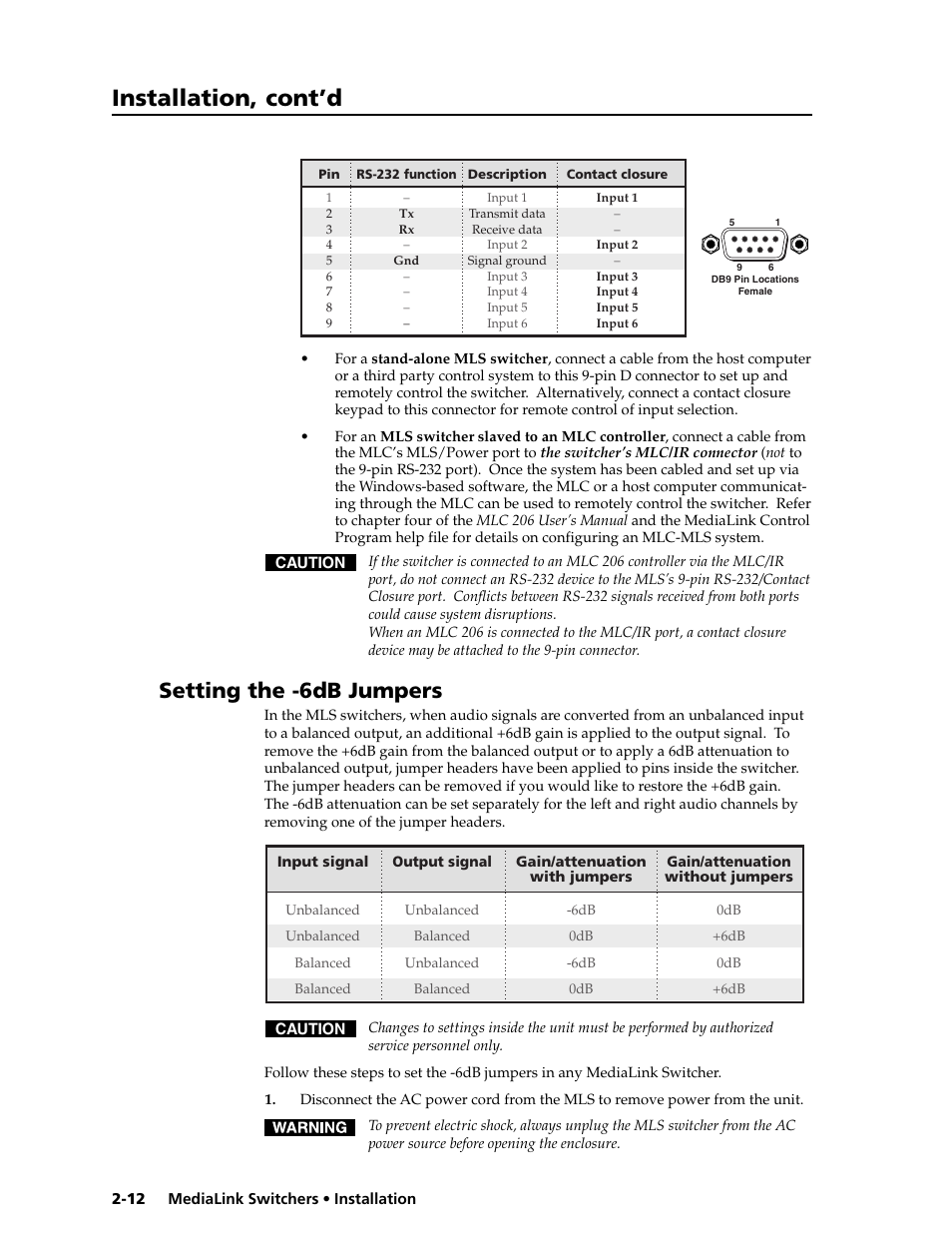 Installation, cont’d, Setting the -6db jumpers | Extron Electronics MLS 506SA User Manual | Page 18 / 50