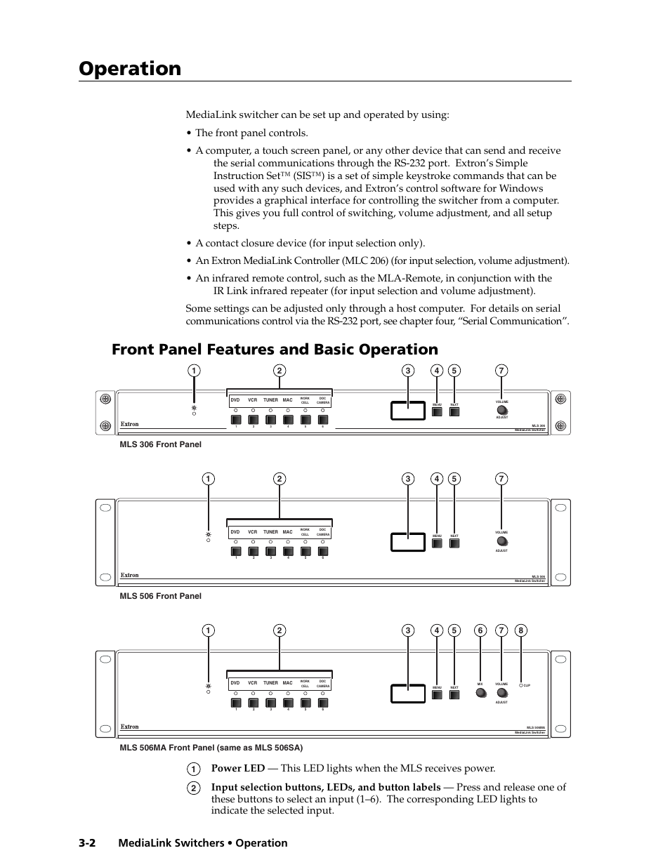 Operation, Front panel features and basic operation, Medialink switchers • operation 3-2 | Extron Electronics MLS 506SA User Manual | Page 22 / 50