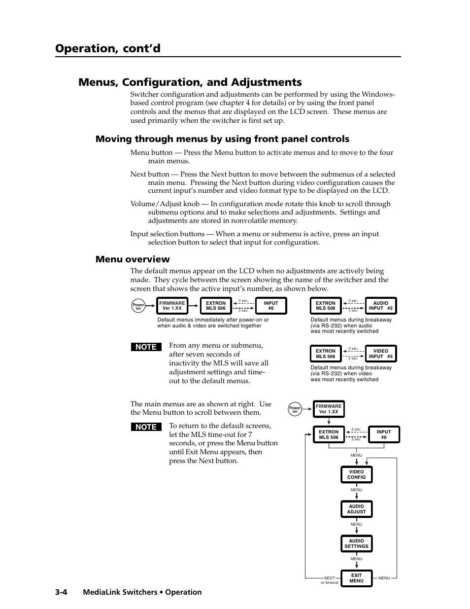 Operation, cont’d, Menus, configuration, and adjustments, Moving through menus by using front panel controls | Menu overview, Medialink switchers • operation 3-4 | Extron Electronics MLS 506SA User Manual | Page 24 / 50