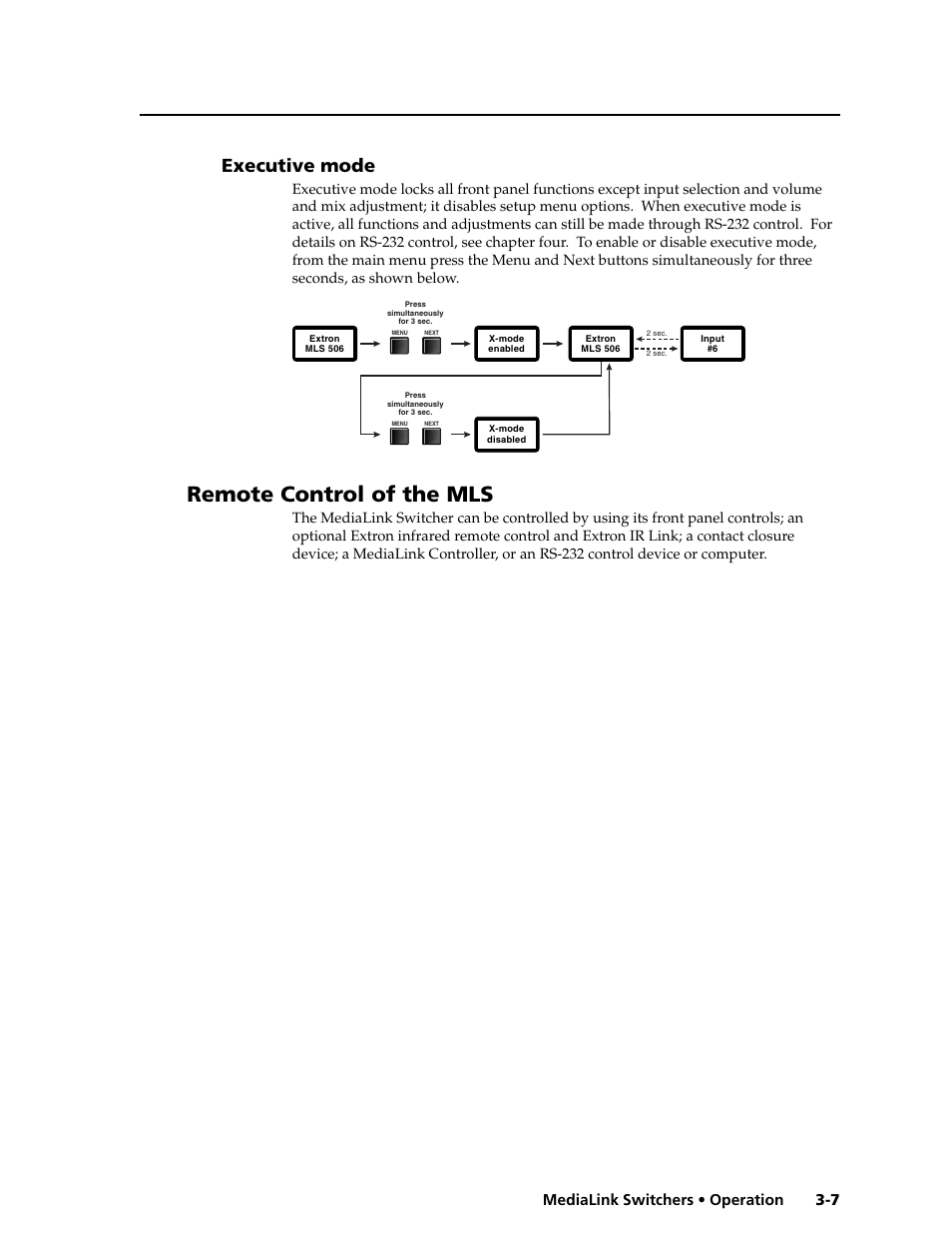 Remote control of the mls, Executive mode, 7 medialink switchers • operation | Extron Electronics MLS 506SA User Manual | Page 27 / 50