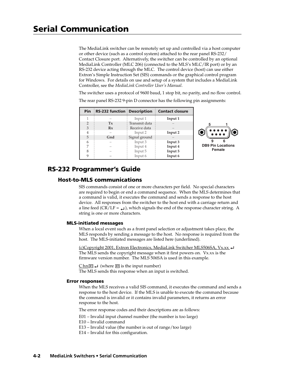 Serial communication, Rs-232 programmer’s guide, Host-to-mls communications | Extron Electronics MLS 506SA User Manual | Page 30 / 50