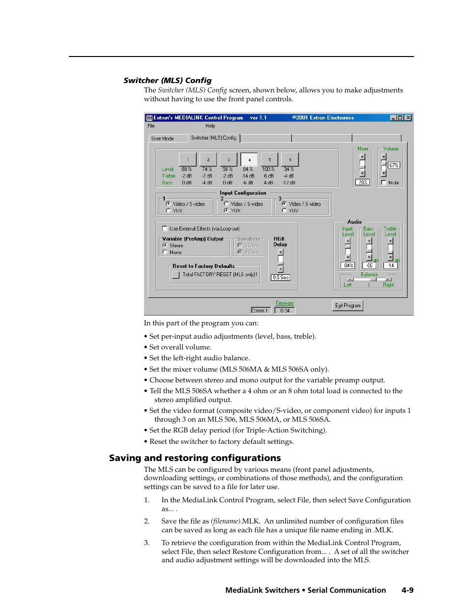 Saving and restoring configurations | Extron Electronics MLS 506SA User Manual | Page 37 / 50