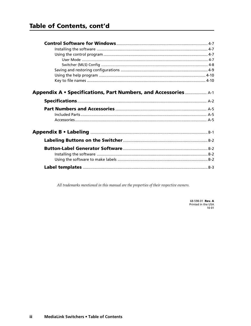 Table of contents, cont’d | Extron Electronics MLS 506SA User Manual | Page 4 / 50