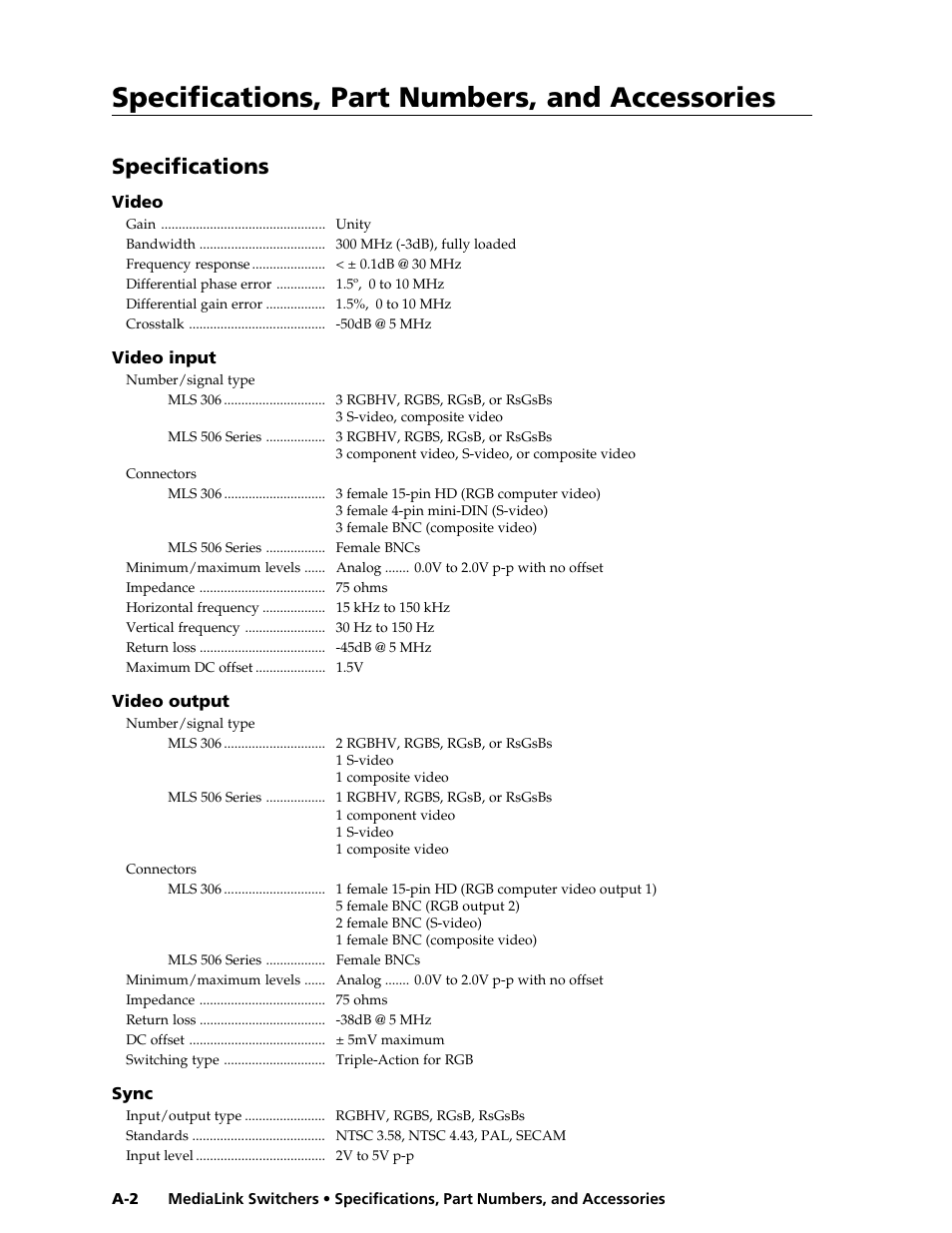 Specifications, part numbers, and accessories, Specifications | Extron Electronics MLS 506SA User Manual | Page 40 / 50