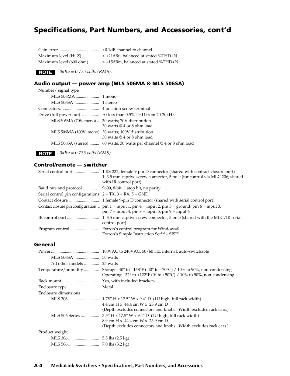 Extron Electronics MLS 506SA User Manual | Page 42 / 50