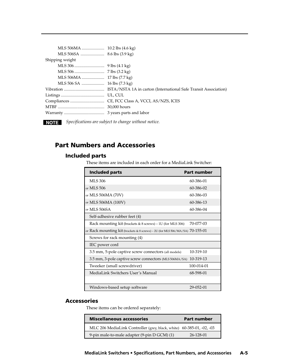 Part numbers and accessories, Included parts, Accessories | Extron Electronics MLS 506SA User Manual | Page 43 / 50