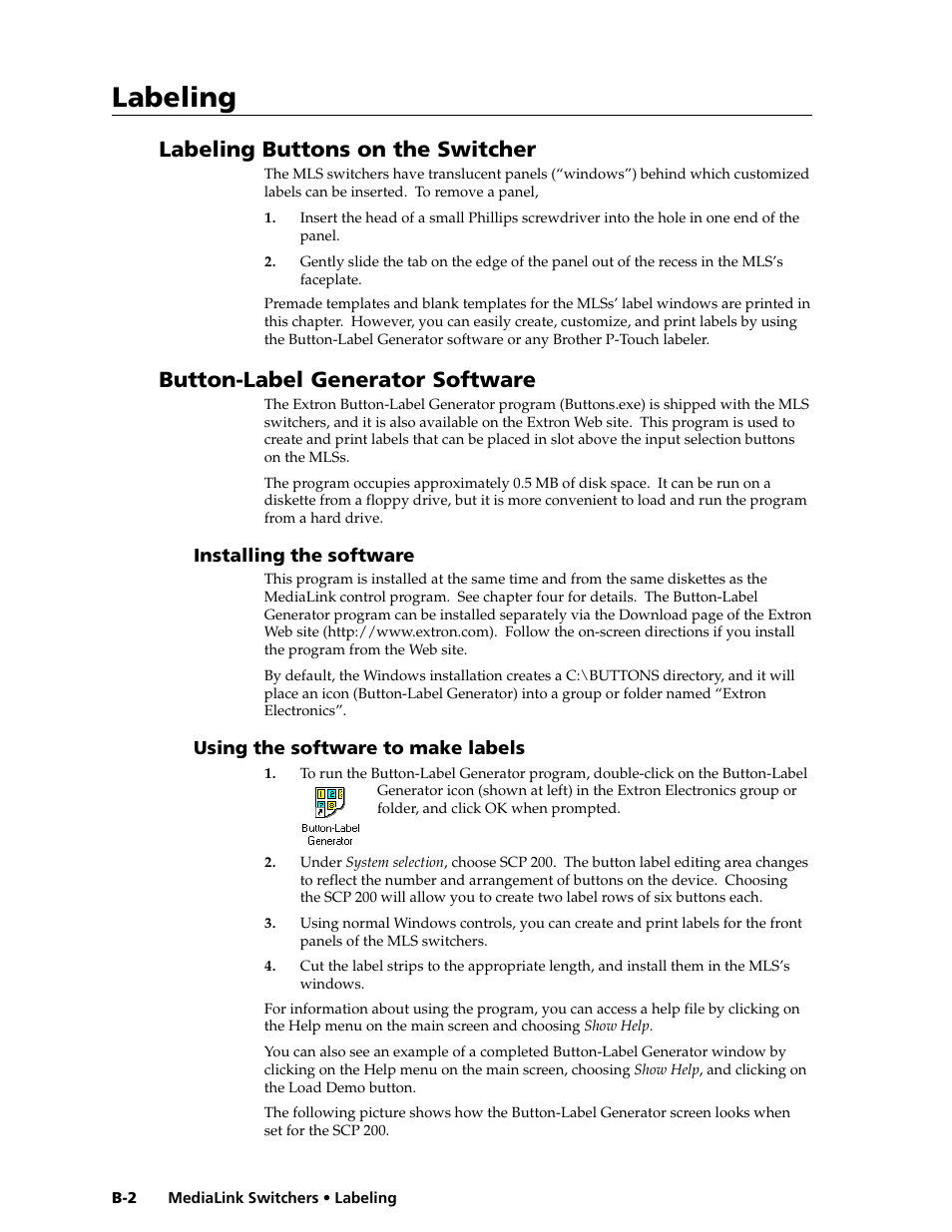 Labeling, Labeling buttons on the switcher, Button-label generator software | Extron Electronics MLS 506SA User Manual | Page 46 / 50