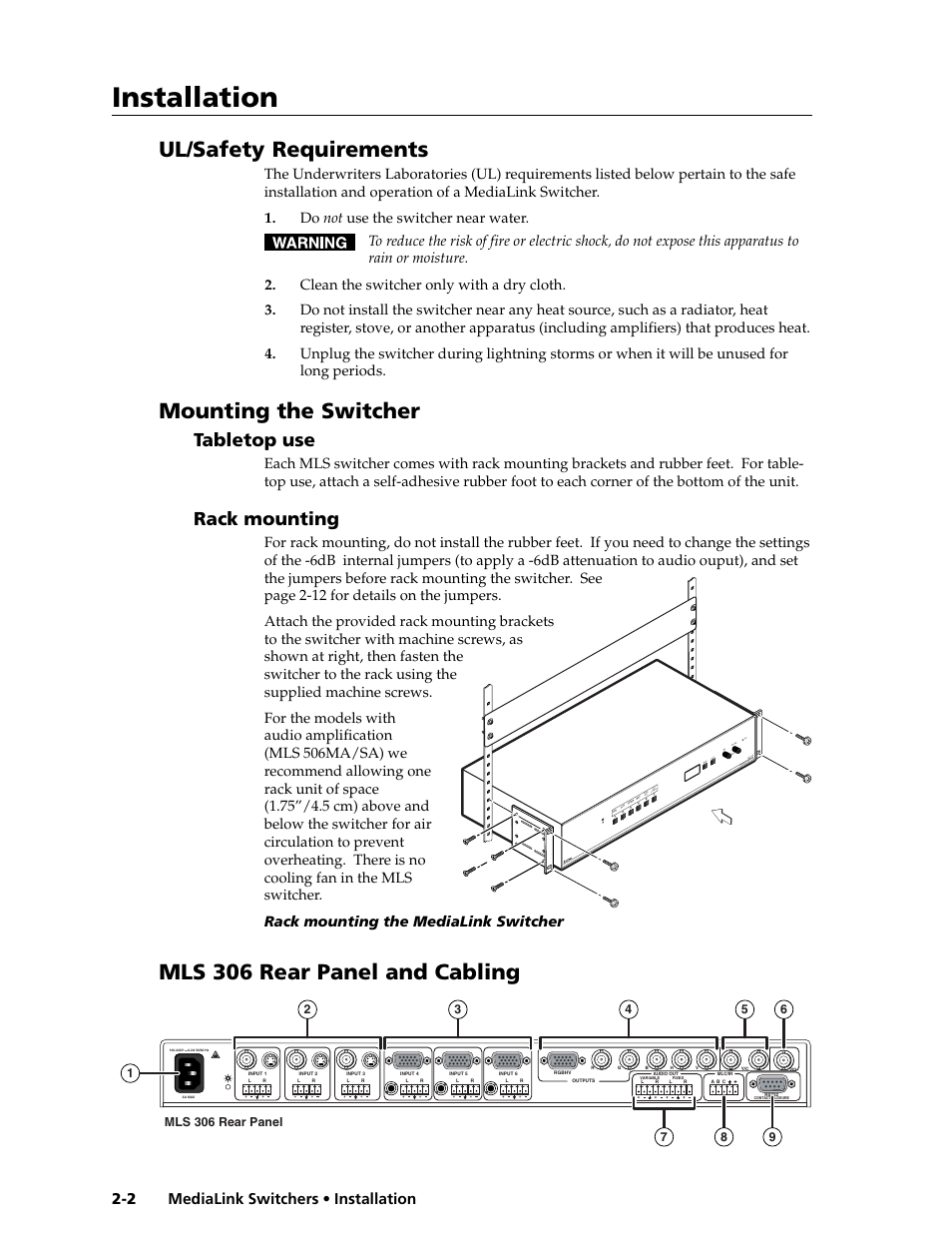 Installation, Mls 306 rear panel and cabling, Ul/safety requirements | Mounting the switcher, Tabletop use, Rack mounting, Medialink switchers • installation 2-2, Mls 506 media link switcher | Extron Electronics MLS 506SA User Manual | Page 8 / 50