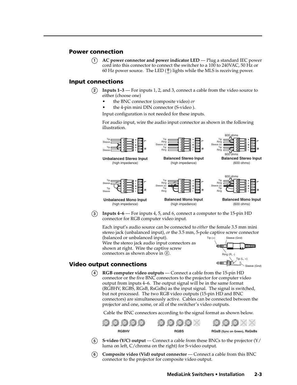 Power connection, Input connections, Video output connections | 3 medialink switchers • installation | Extron Electronics MLS 506SA User Manual | Page 9 / 50