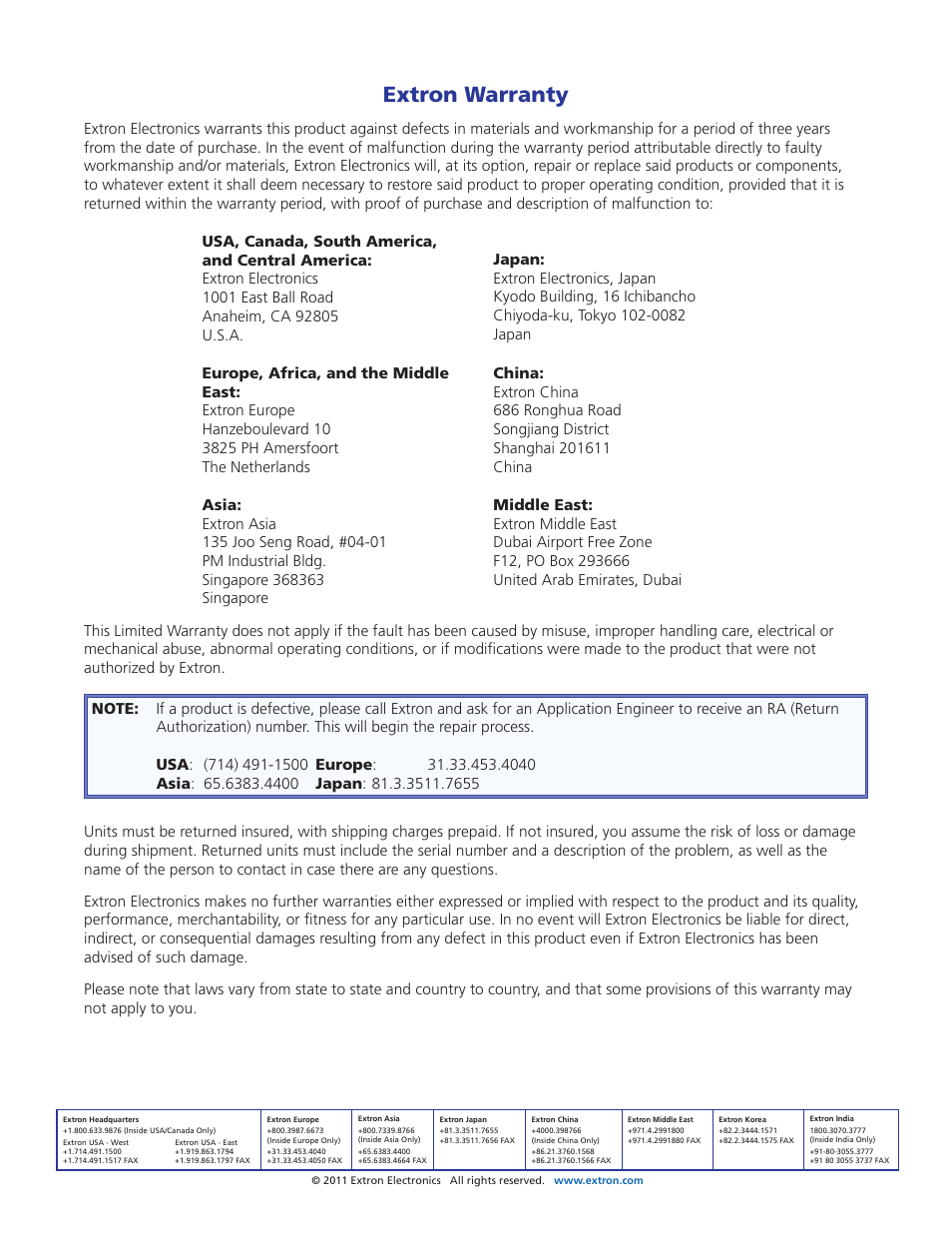 Warranty, Contact information, Warranty contact information | Extron warranty | Extron Electronics MLS 608 D Series User Guide User Manual | Page 100 / 100