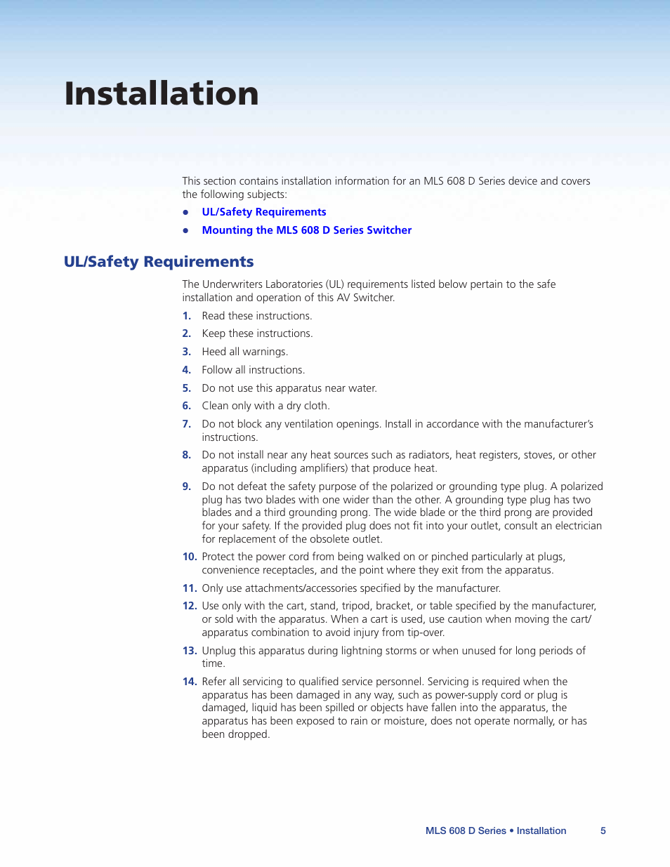 Installation, Ul/safety requirements | Extron Electronics MLS 608 D Series User Guide User Manual | Page 11 / 100