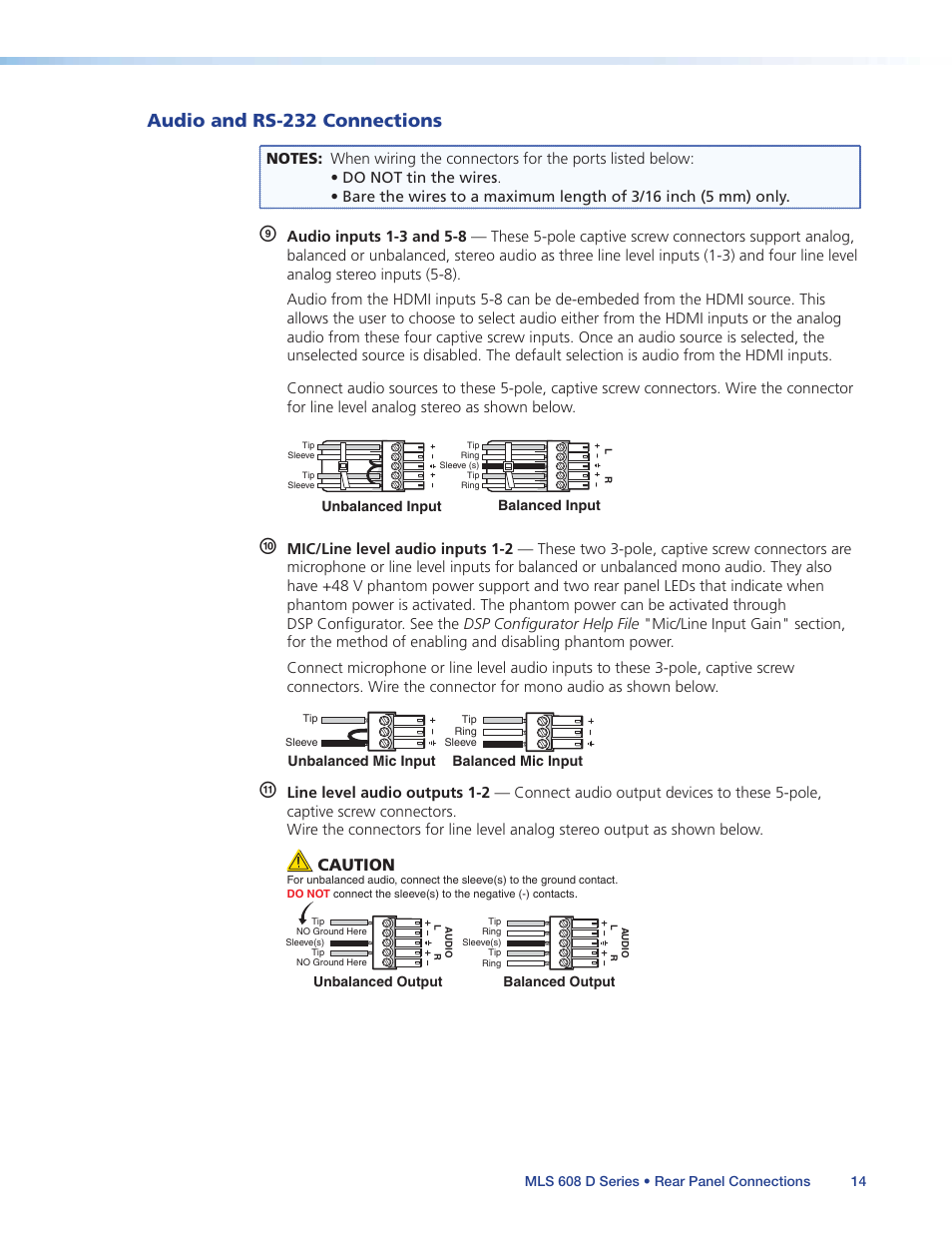 Audio and rs-232 connections, Caution | Extron Electronics MLS 608 D Series User Guide User Manual | Page 20 / 100