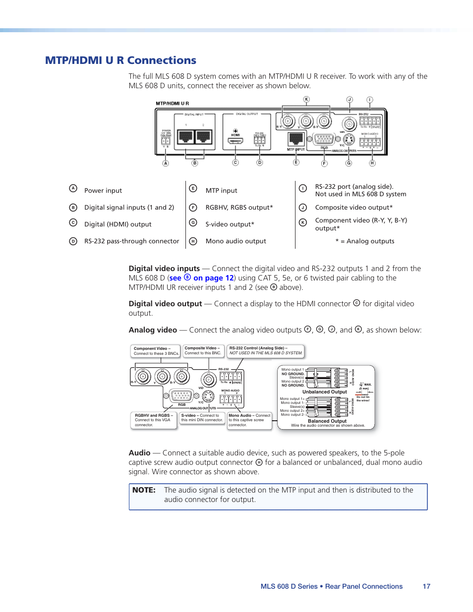 Mtp/hdmi u r connections, Eceiver's rs-232 port | Extron Electronics MLS 608 D Series User Guide User Manual | Page 23 / 100