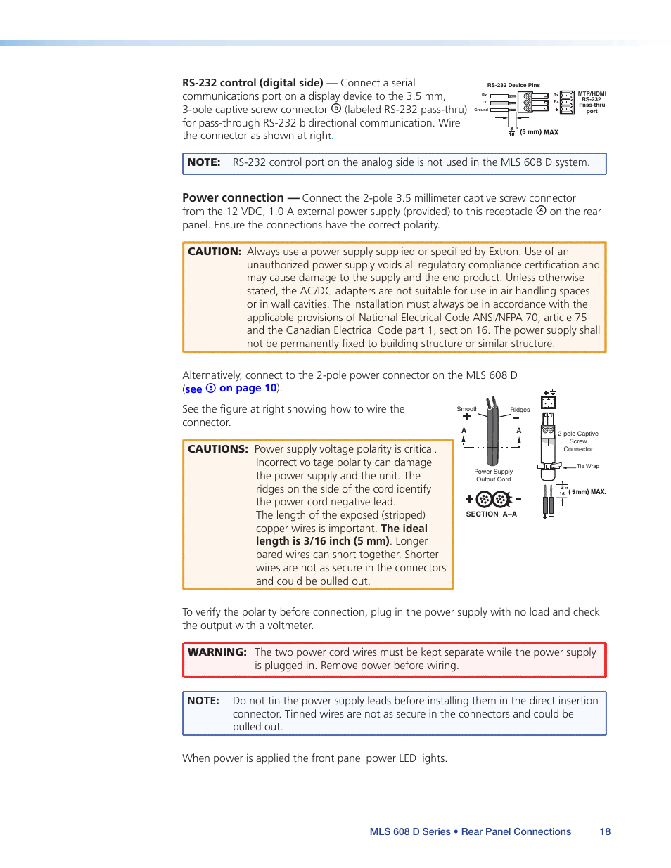 Power connection | Extron Electronics MLS 608 D Series User Guide User Manual | Page 24 / 100