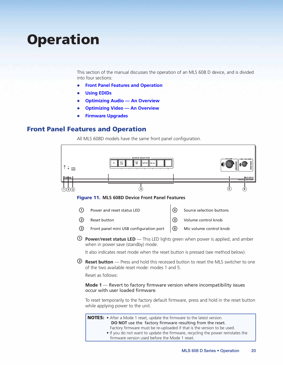 Operation, Front panel features and operation | Extron Electronics MLS 608 D Series User Guide User Manual | Page 26 / 100
