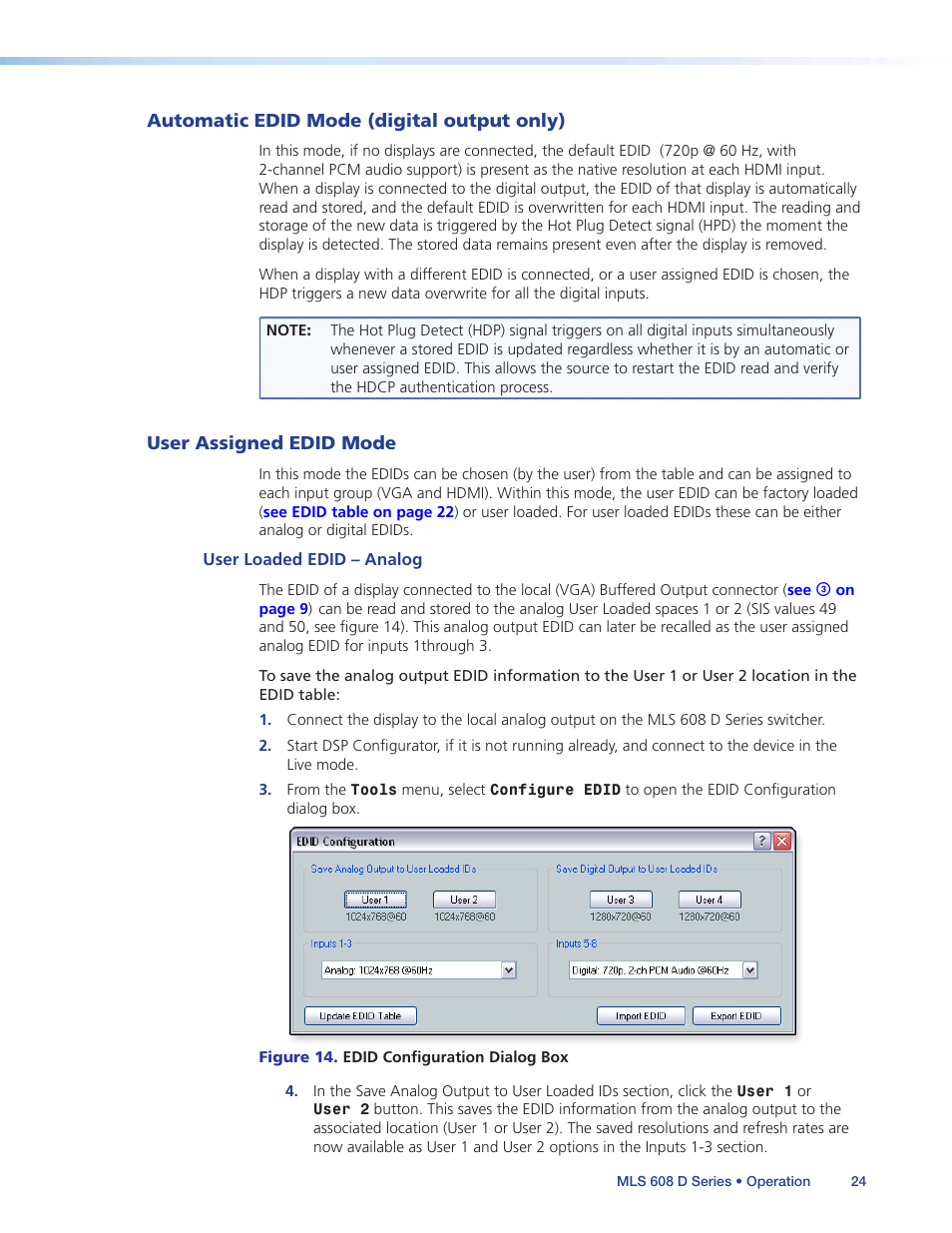 Automatic edid mode (digital output only), User assigned edid mode | Extron Electronics MLS 608 D Series User Guide User Manual | Page 30 / 100