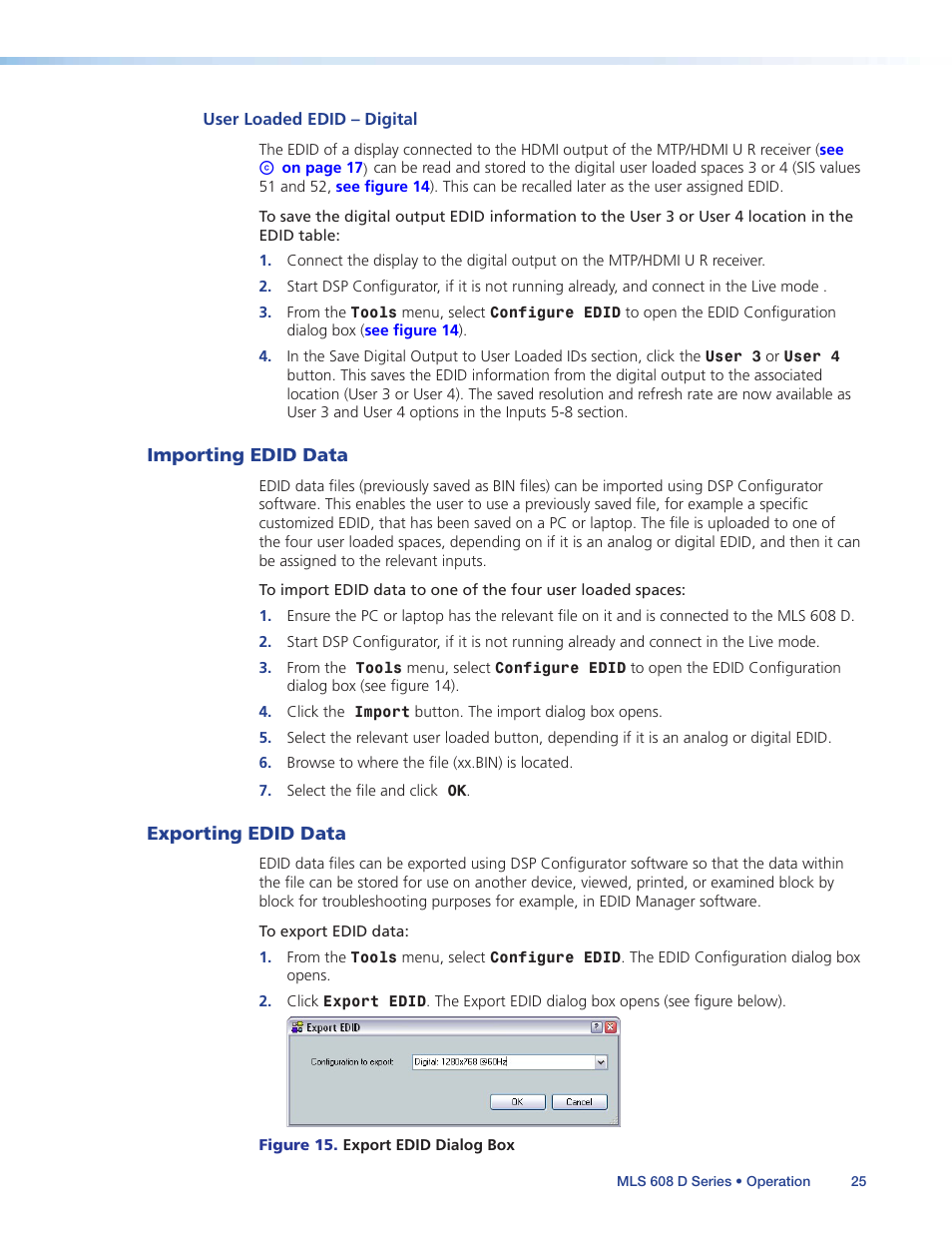 Importing edid data, Exporting edid data, Importing edid data exporting edid data | Extron Electronics MLS 608 D Series User Guide User Manual | Page 31 / 100