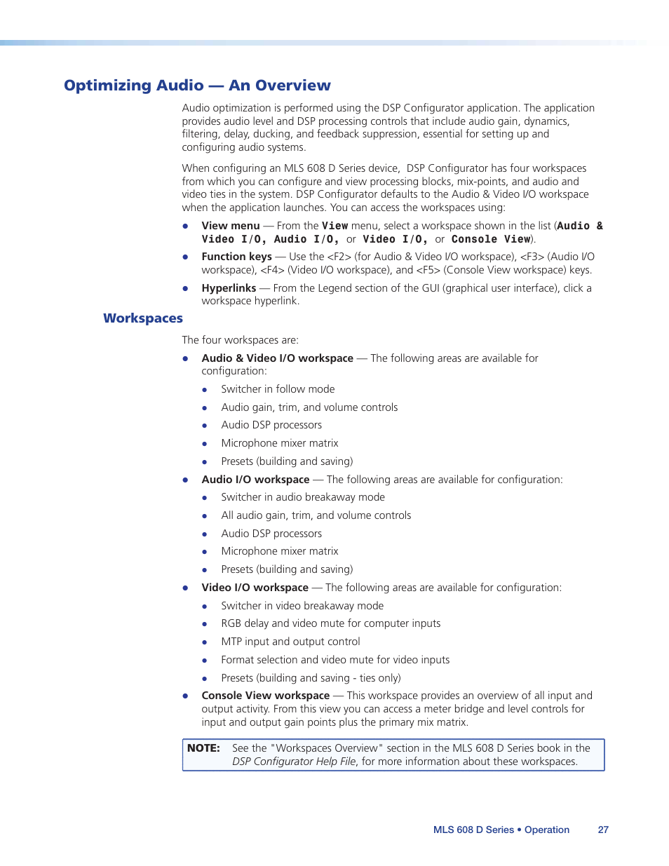 Optimizing audio — an overview, Workspaces | Extron Electronics MLS 608 D Series User Guide User Manual | Page 33 / 100
