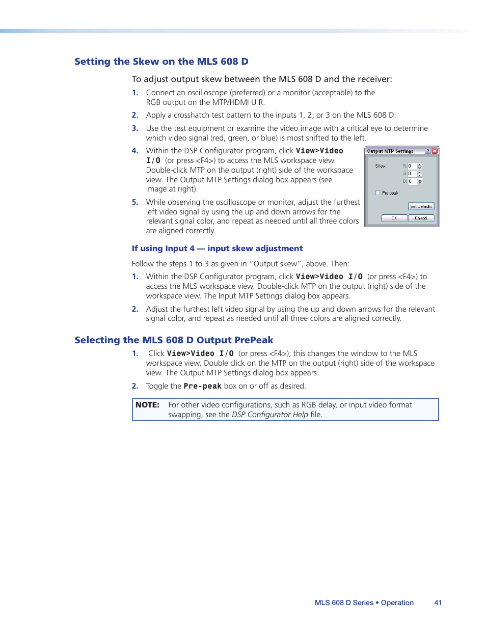 Setting the skew on the mls 608 d, Selecting the mls 608 d output prepeak | Extron Electronics MLS 608 D Series User Guide User Manual | Page 47 / 100