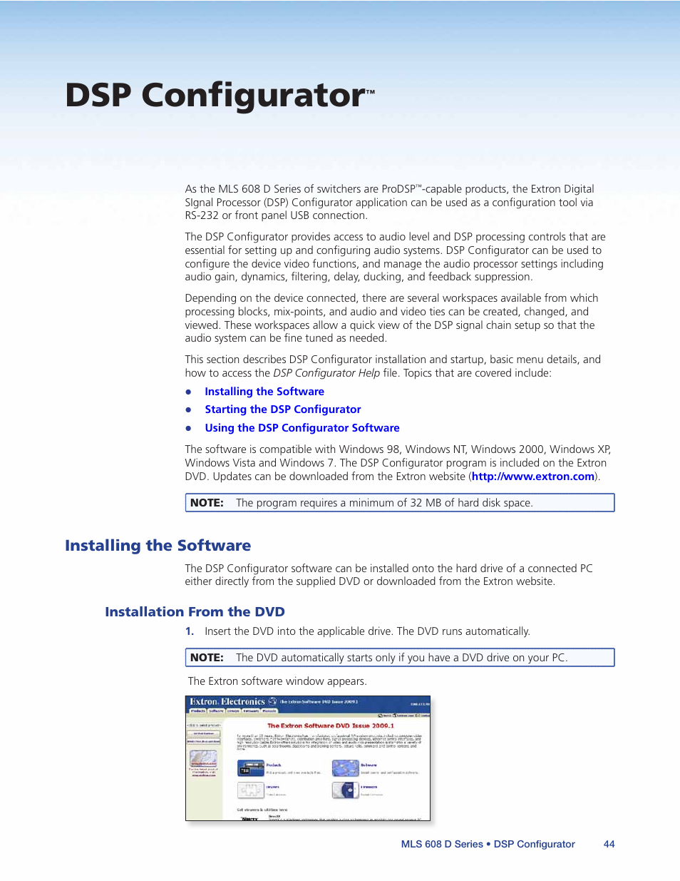 Dsp configurator, Installing the software, Installation from the dvd | Extron Electronics MLS 608 D Series User Guide User Manual | Page 50 / 100