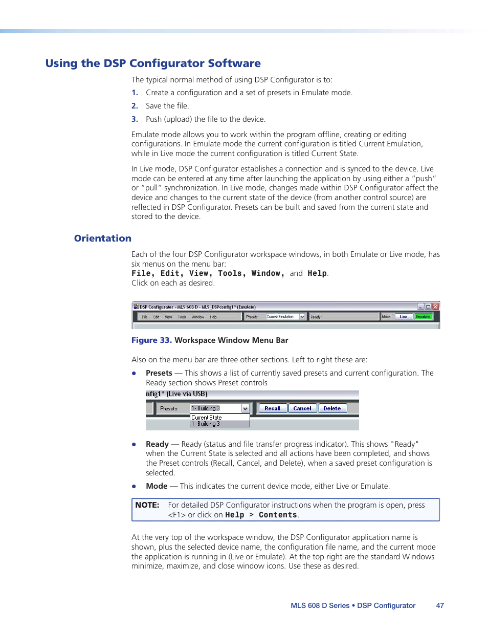 Using the dsp configurator software, Orientation, Commands. see the | Section | Extron Electronics MLS 608 D Series User Guide User Manual | Page 53 / 100