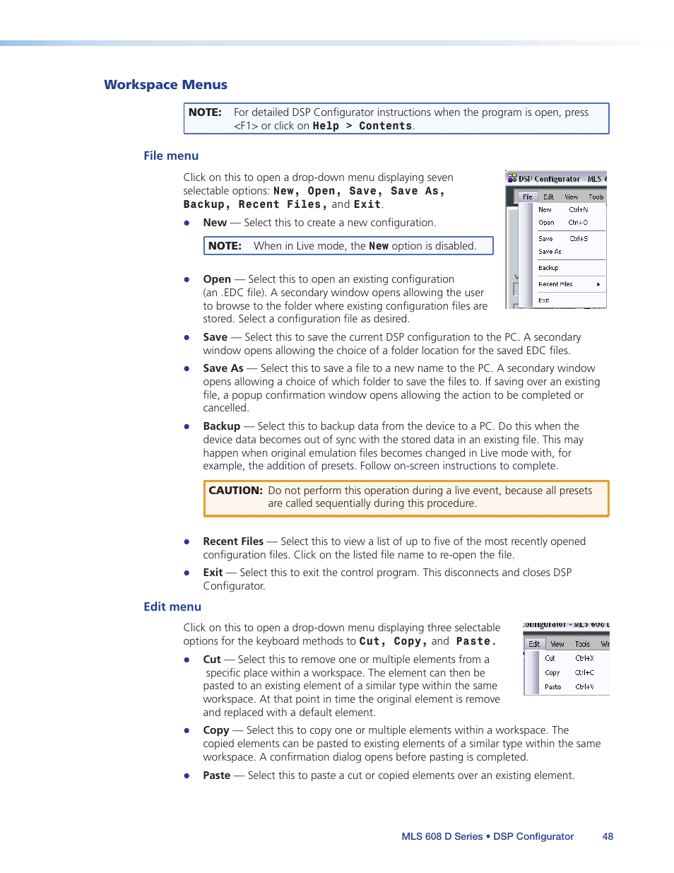 Workspace menus | Extron Electronics MLS 608 D Series User Guide User Manual | Page 54 / 100