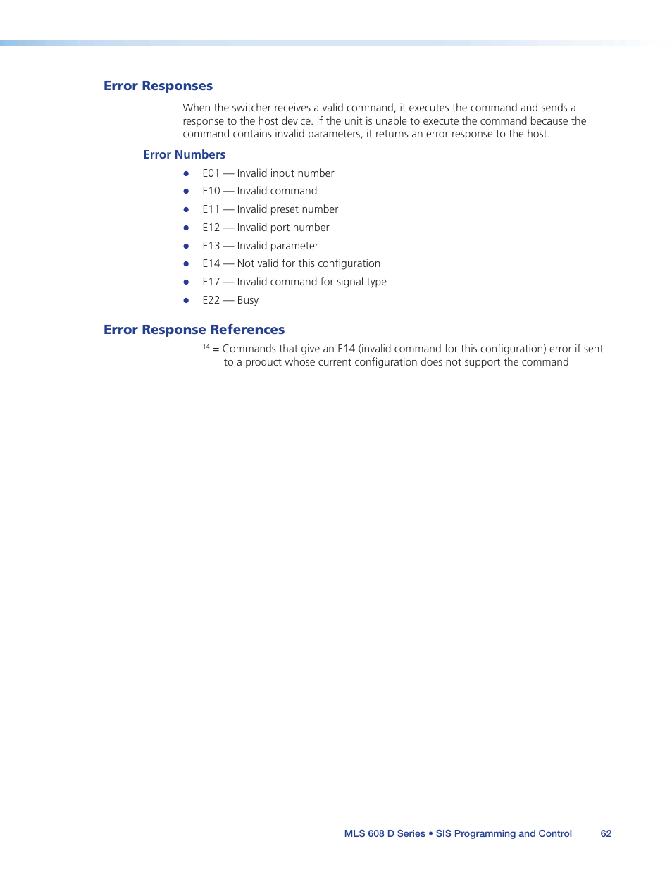 Error responses, Error response references, Error responses error response references | Error numbers | Extron Electronics MLS 608 D Series User Guide User Manual | Page 68 / 100