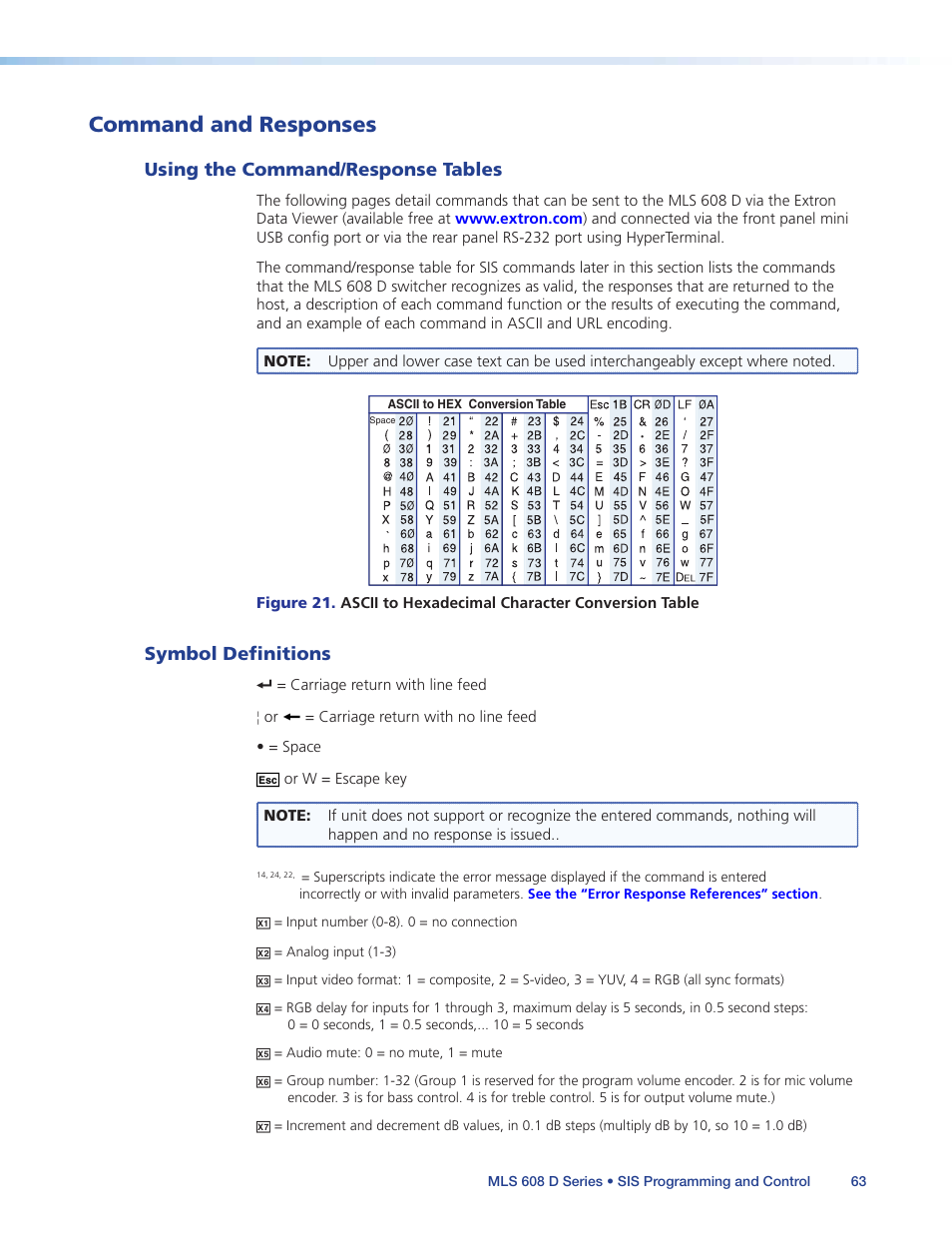 Command and responses, Using the command/response tables, Symbol definitions | Extron Electronics MLS 608 D Series User Guide User Manual | Page 69 / 100