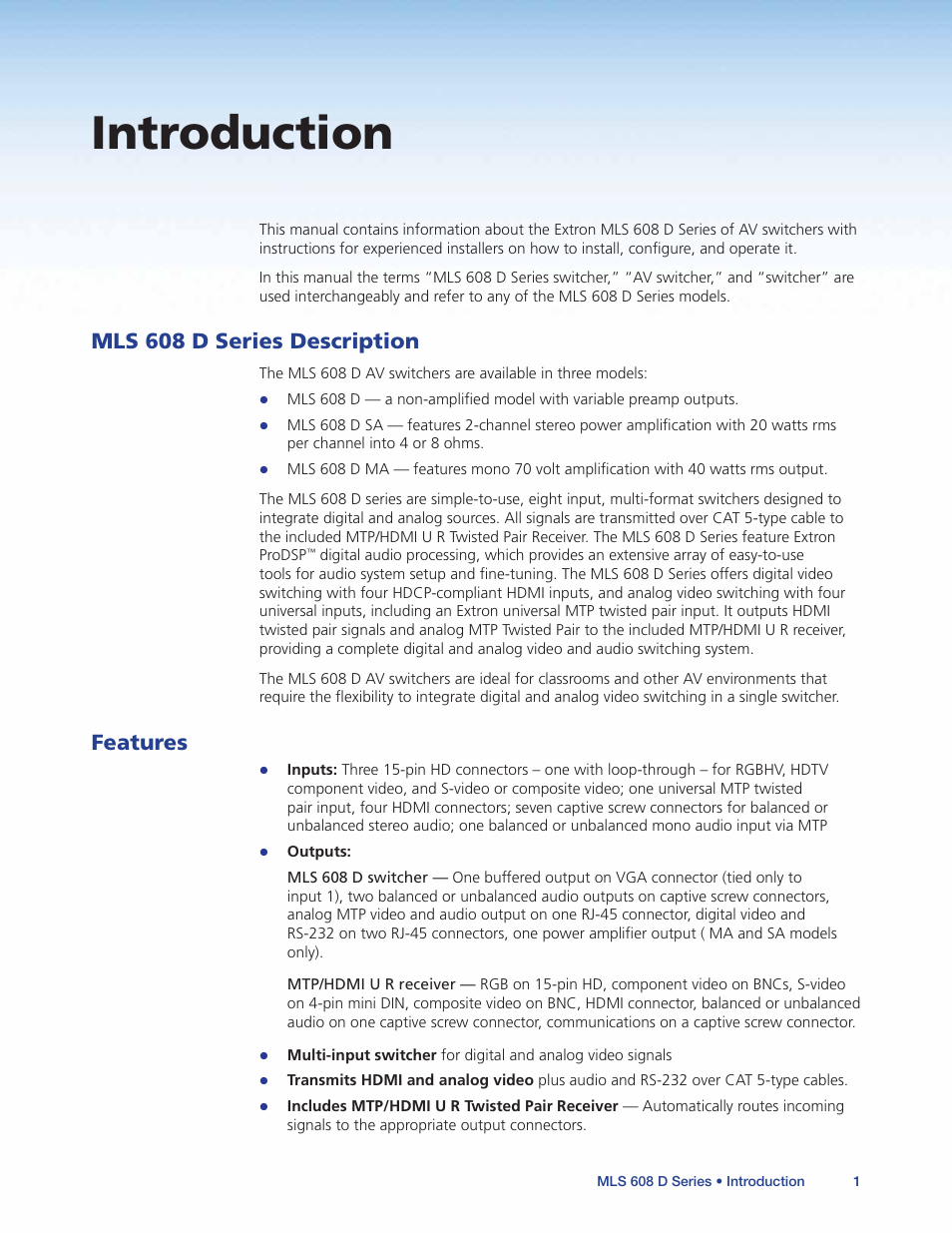 Introduction, Mls 608 d series description, Features | Mls 608 d series description features | Extron Electronics MLS 608 D Series User Guide User Manual | Page 7 / 100
