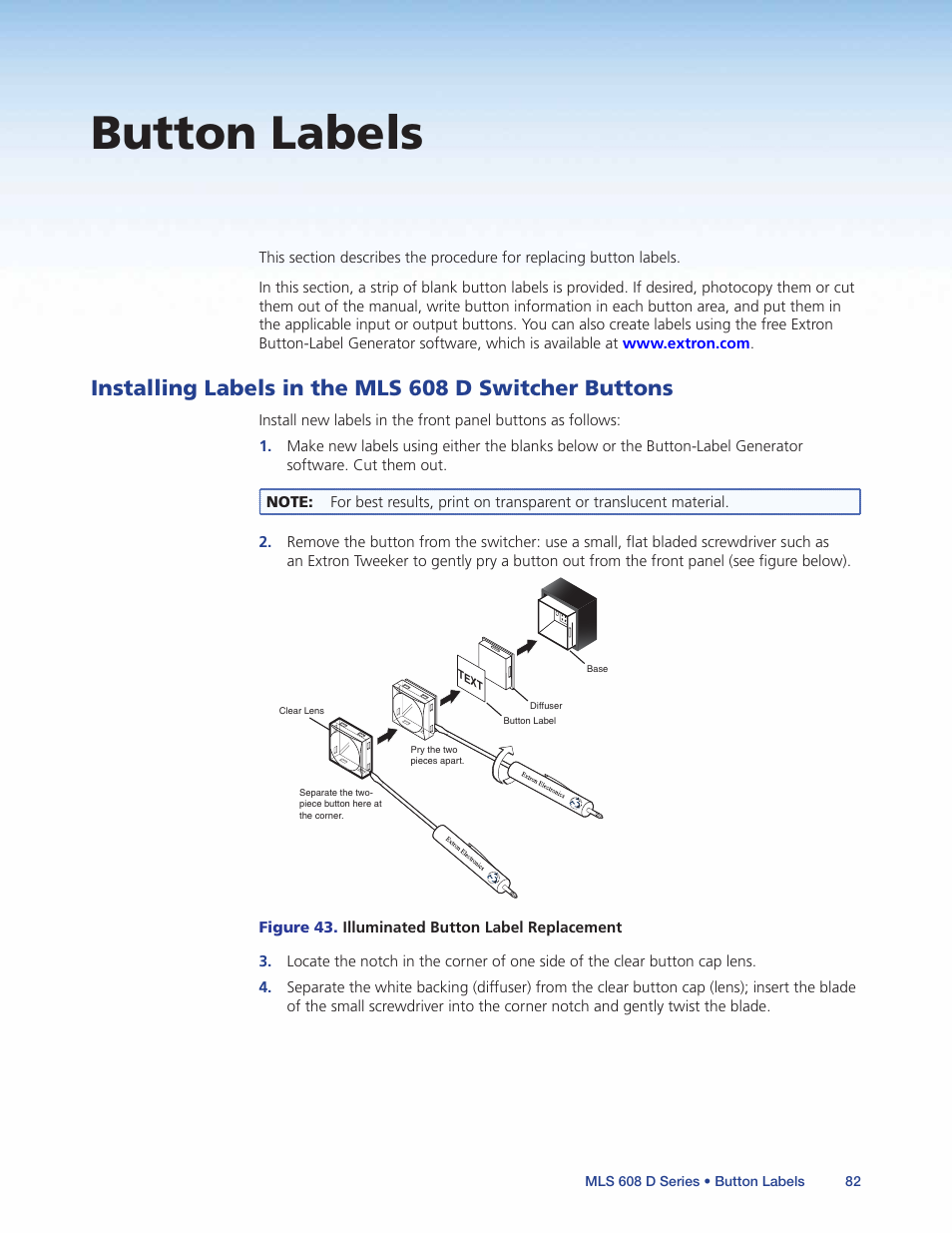 Button labels, Installing labels in the mls 608 d, Switcher buttons | Extron Electronics MLS 608 D Series User Guide User Manual | Page 88 / 100