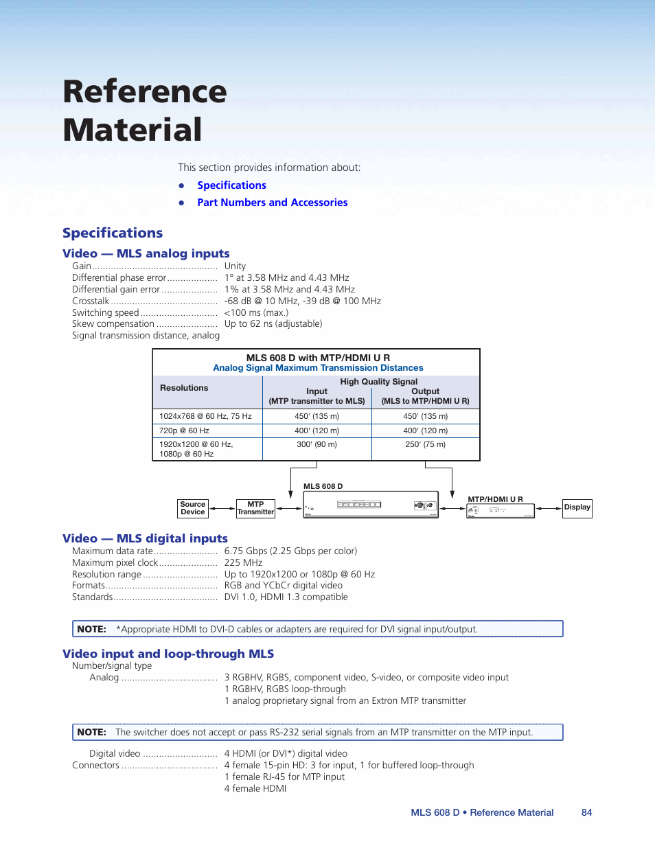 Reference material, Specifications | Extron Electronics MLS 608 D Series User Guide User Manual | Page 90 / 100