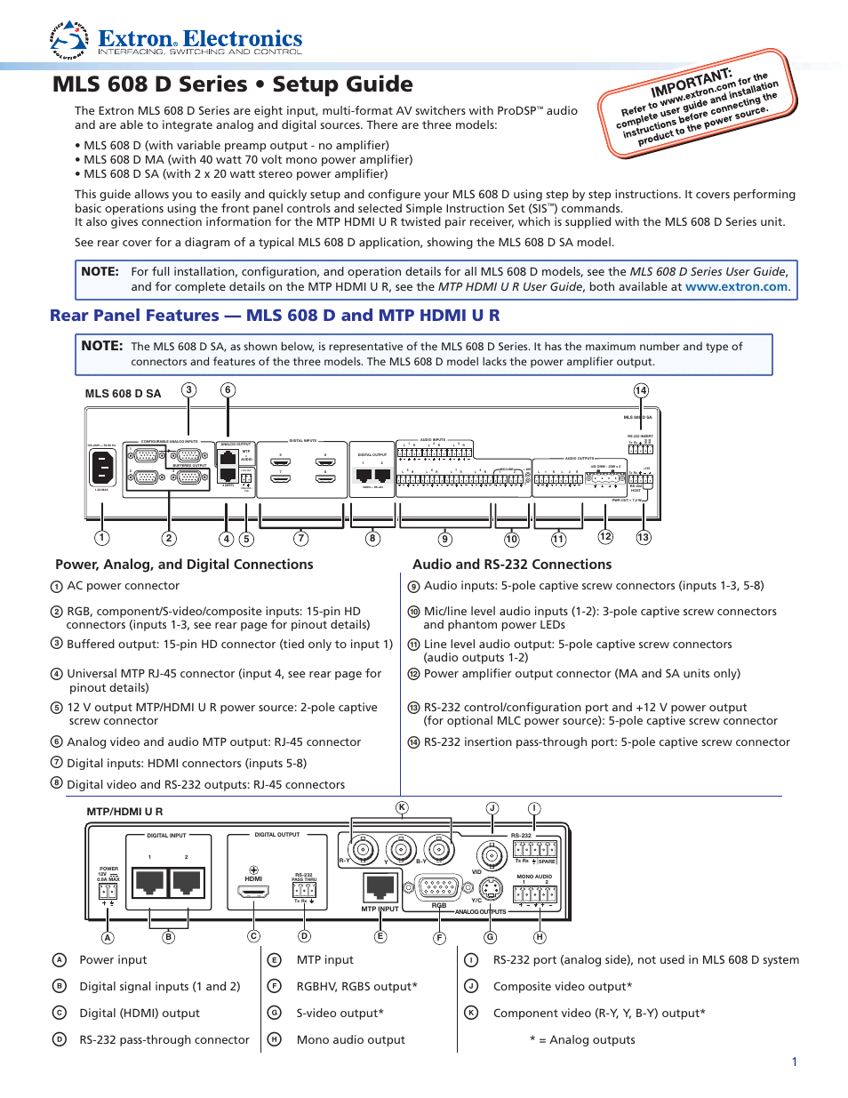 Extron Electronics MLS 608 D Series Setup Guide User Manual | 8 pages