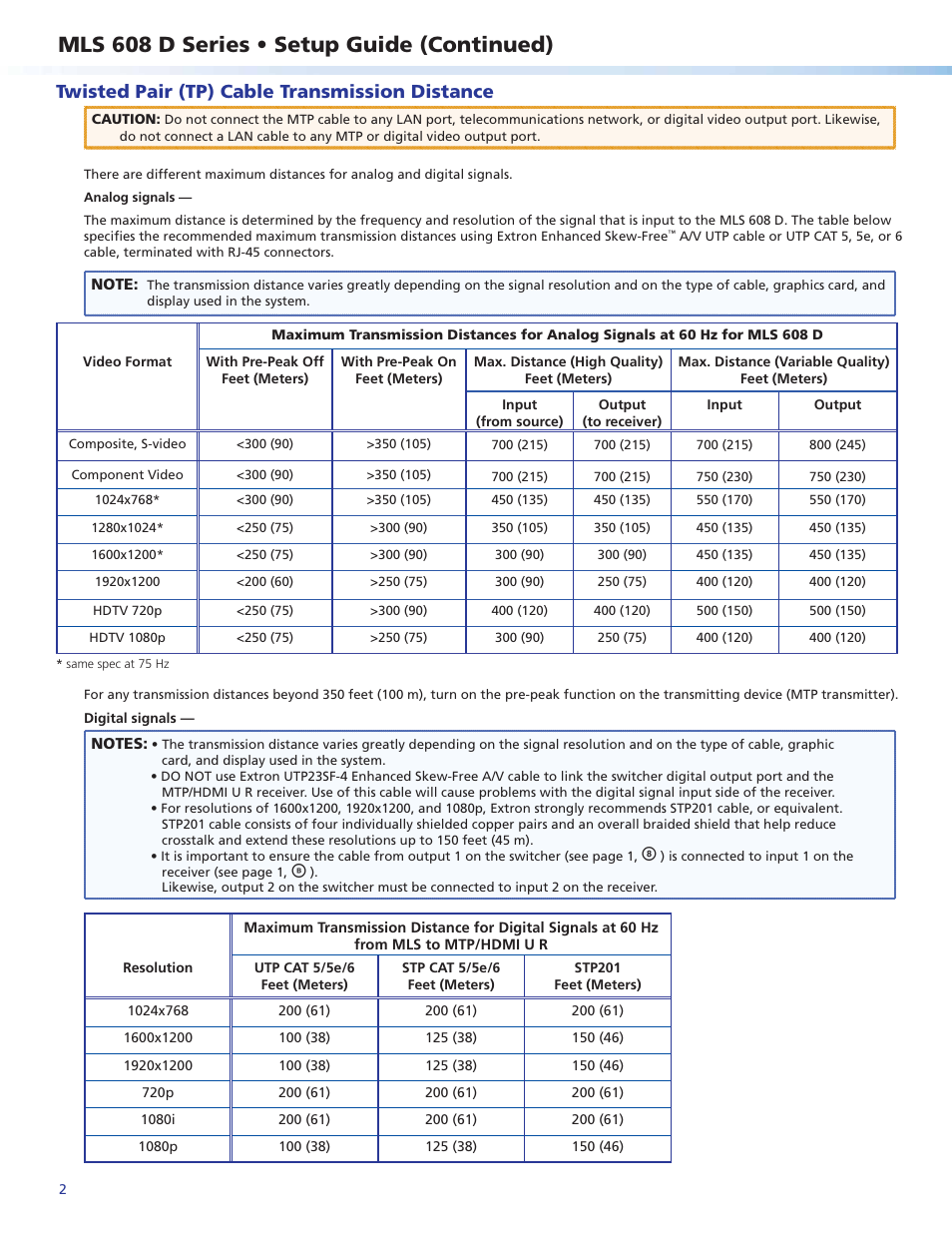 Mls 608 d series • setup guide (continued), Twisted pair (tp) cable transmission distance | Extron Electronics MLS 608 D Series Setup Guide User Manual | Page 2 / 8