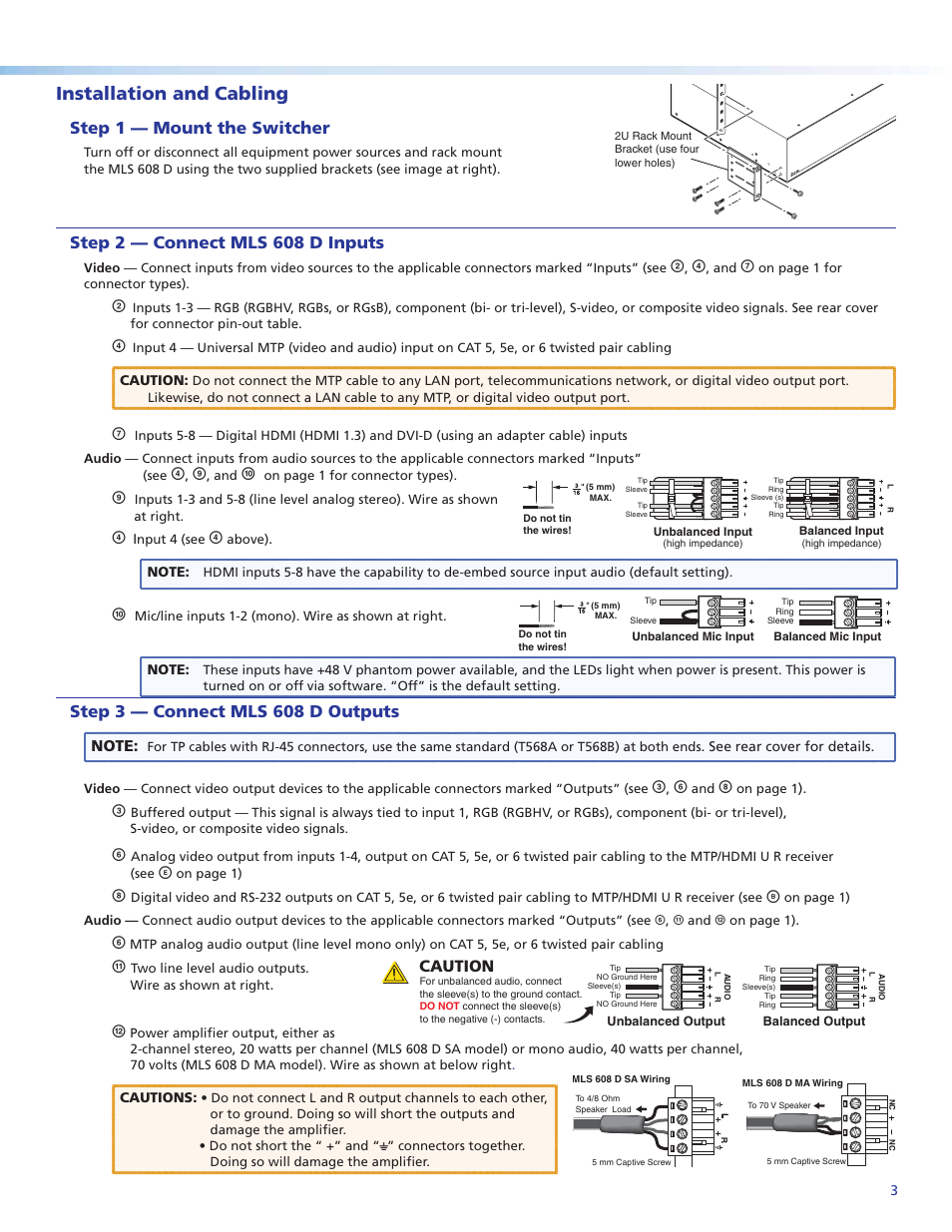 Installation and cabling, Step 1 — mount the switcher, Step 2 — connect mls 608 d inputs | Step 3 — connect mls 608 d outputs, Caution | Extron Electronics MLS 608 D Series Setup Guide User Manual | Page 3 / 8
