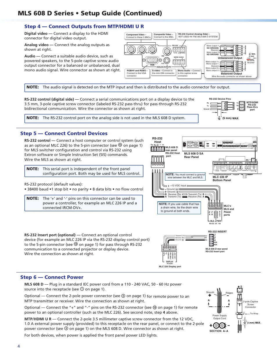 Mls 608 d series • setup guide (continued), Step 4 — connect outputs from mtp/hdmi u r, Step 5 — connect control devices | Step 6 — connect power | Extron Electronics MLS 608 D Series Setup Guide User Manual | Page 4 / 8