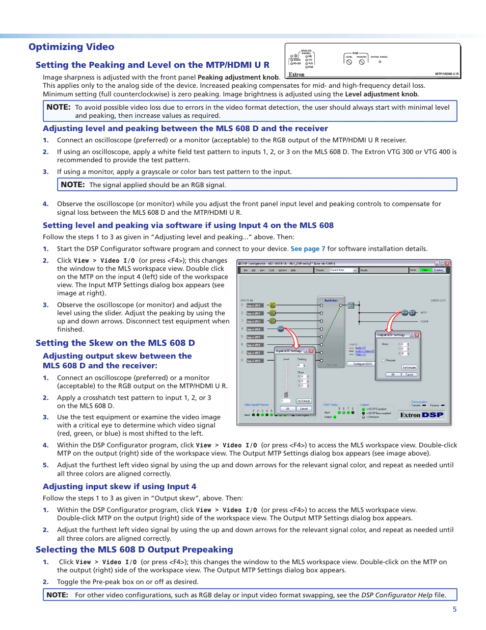 Optimizing video, Setting the peaking and level on the mtp/hdmi u r, Setting the skew on the mls 608 d | Selecting the mls 608 d output prepeaking | Extron Electronics MLS 608 D Series Setup Guide User Manual | Page 5 / 8