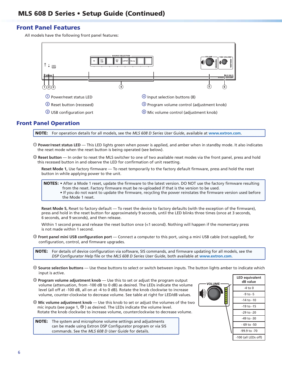 Mls 608 d series • setup guide (continued), Front panel features, Front panel operation | Extron Electronics MLS 608 D Series Setup Guide User Manual | Page 6 / 8