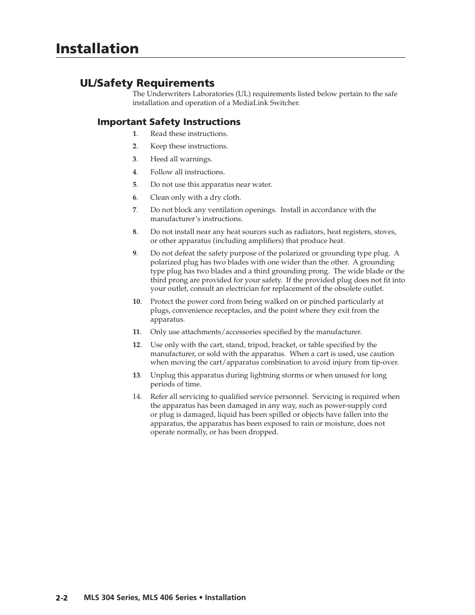 Ch2 install.pdf, Preliminar y, Installation | Ul/safety requirements | Extron Electronics MLS 406SA User Manual | Page 10 / 62