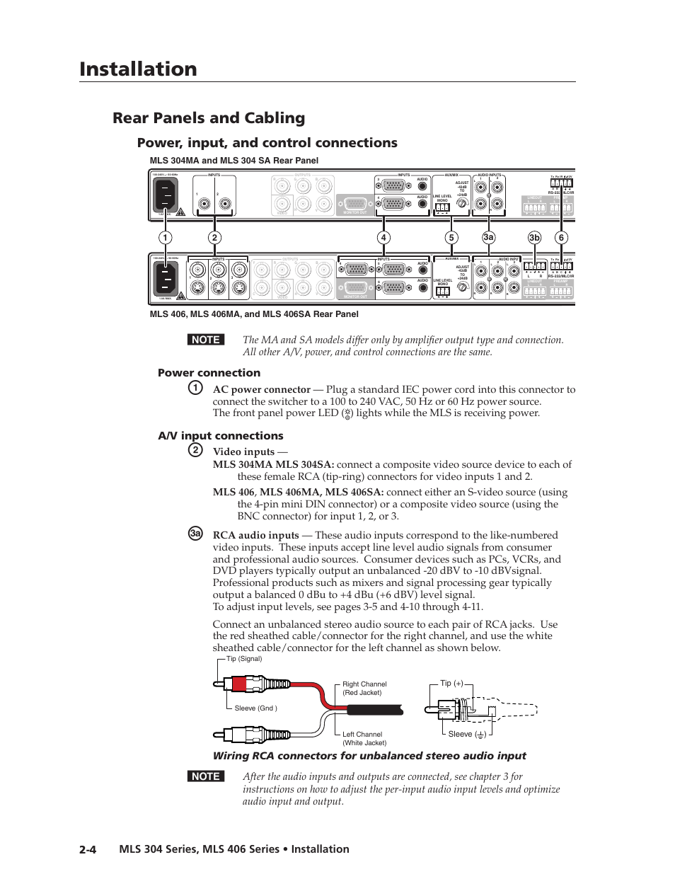 Preliminar y, Installation, Rear panels and cabling | Power, input, and control connections, Power connection, A/v input connections, Tip (+) sleeve ( ) audio rca connector color_2.eps | Extron Electronics MLS 406SA User Manual | Page 12 / 62