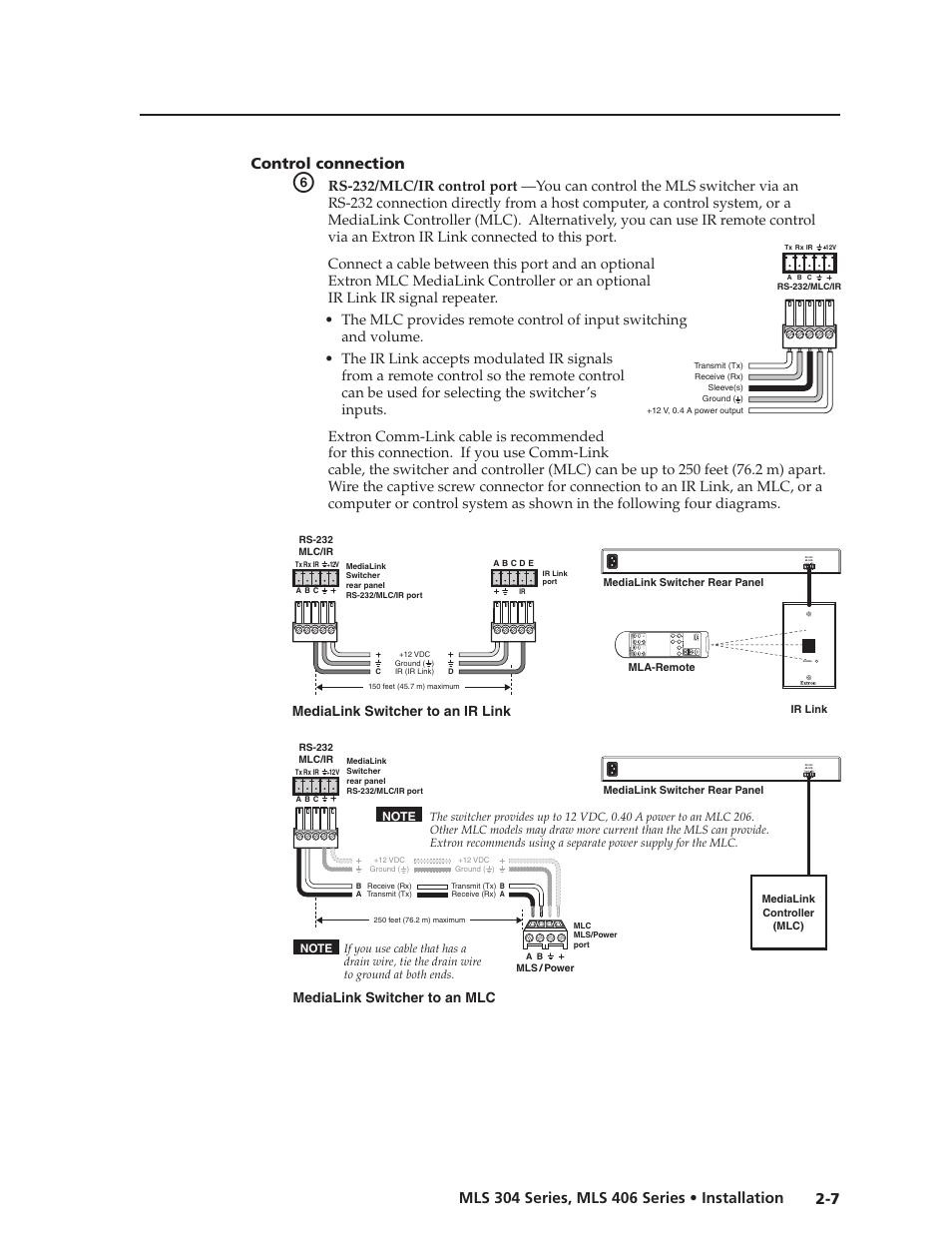 Preliminar y, Control connection, Medialink switcher to an mlc | Medialink switcher to an ir link, Tx rx ir +12v a b c, Medialink switcher to a computer or control system | Extron Electronics MLS 406SA User Manual | Page 15 / 62