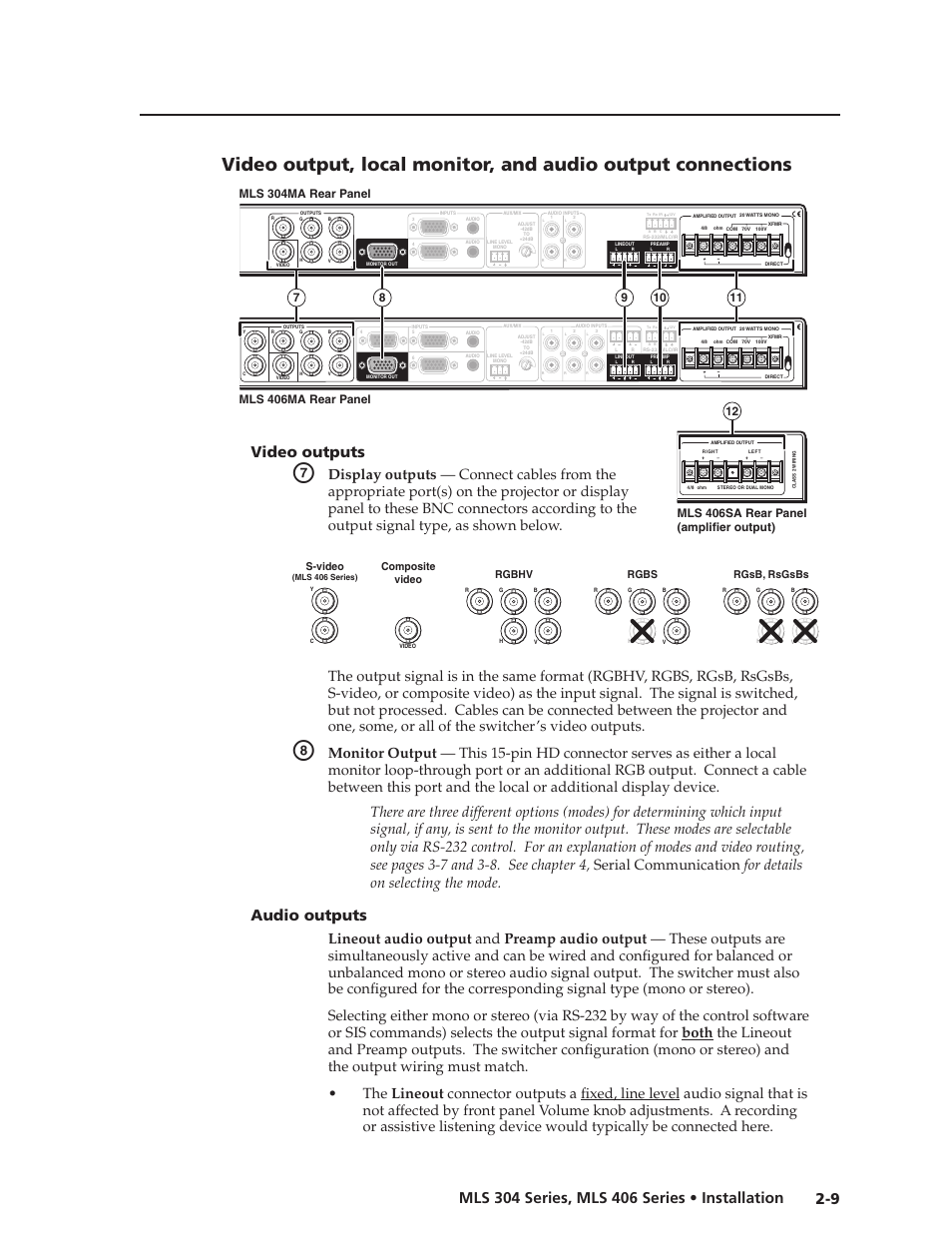 Preliminar y, Audio outputs, Video outputs | Rgbhv rgbs rgsb, rsgsbs s-video, Composite video | Extron Electronics MLS 406SA User Manual | Page 17 / 62
