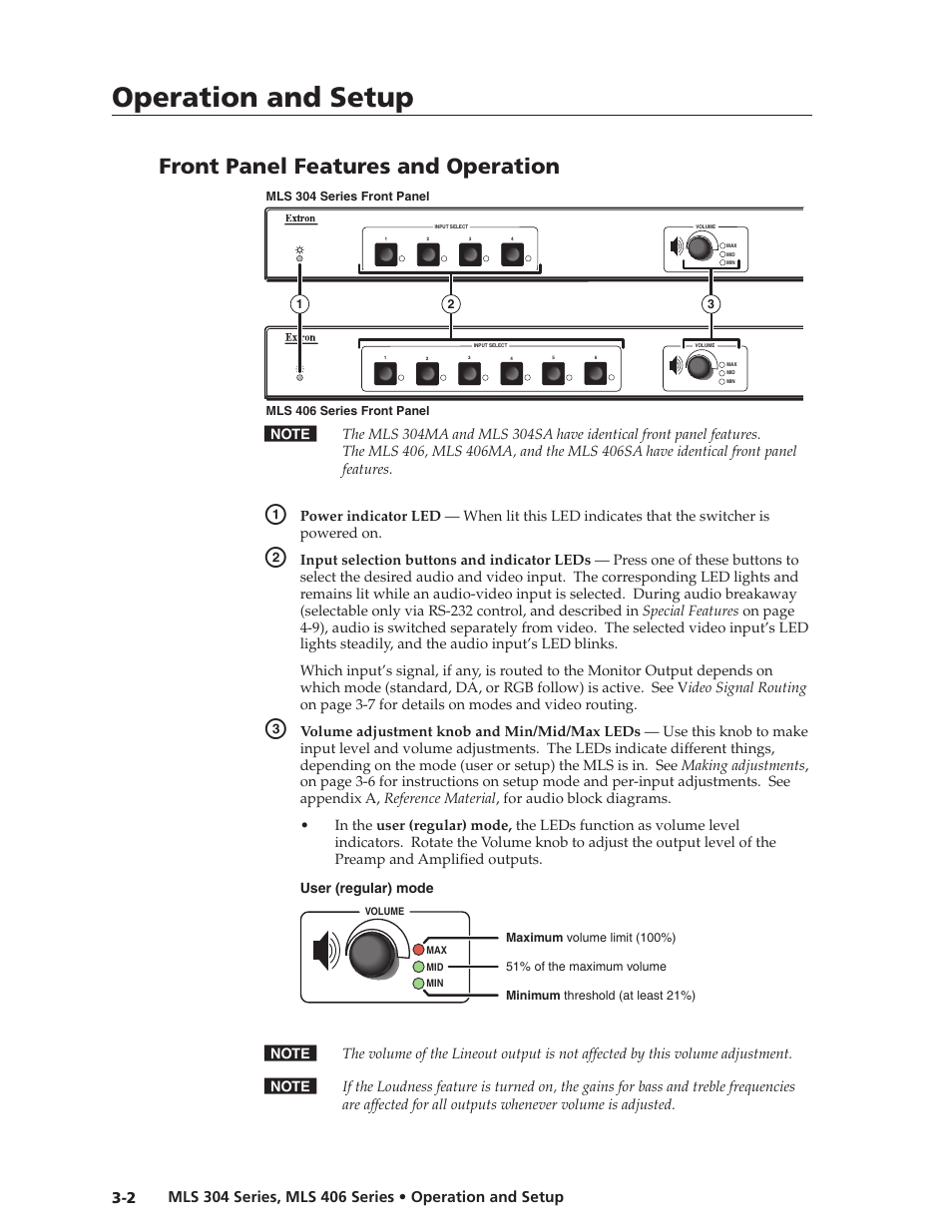 Ch3 operation.pdf, Preliminar y, Operation and setup | Front panel features and operation | Extron Electronics MLS 406SA User Manual | Page 26 / 62