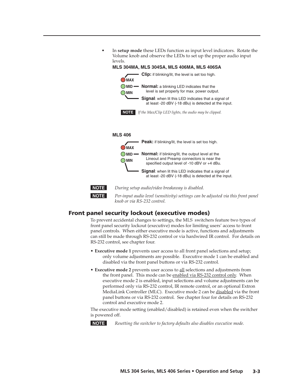 Preliminar y, Front panel security lockout (executive modes) | Extron Electronics MLS 406SA User Manual | Page 27 / 62