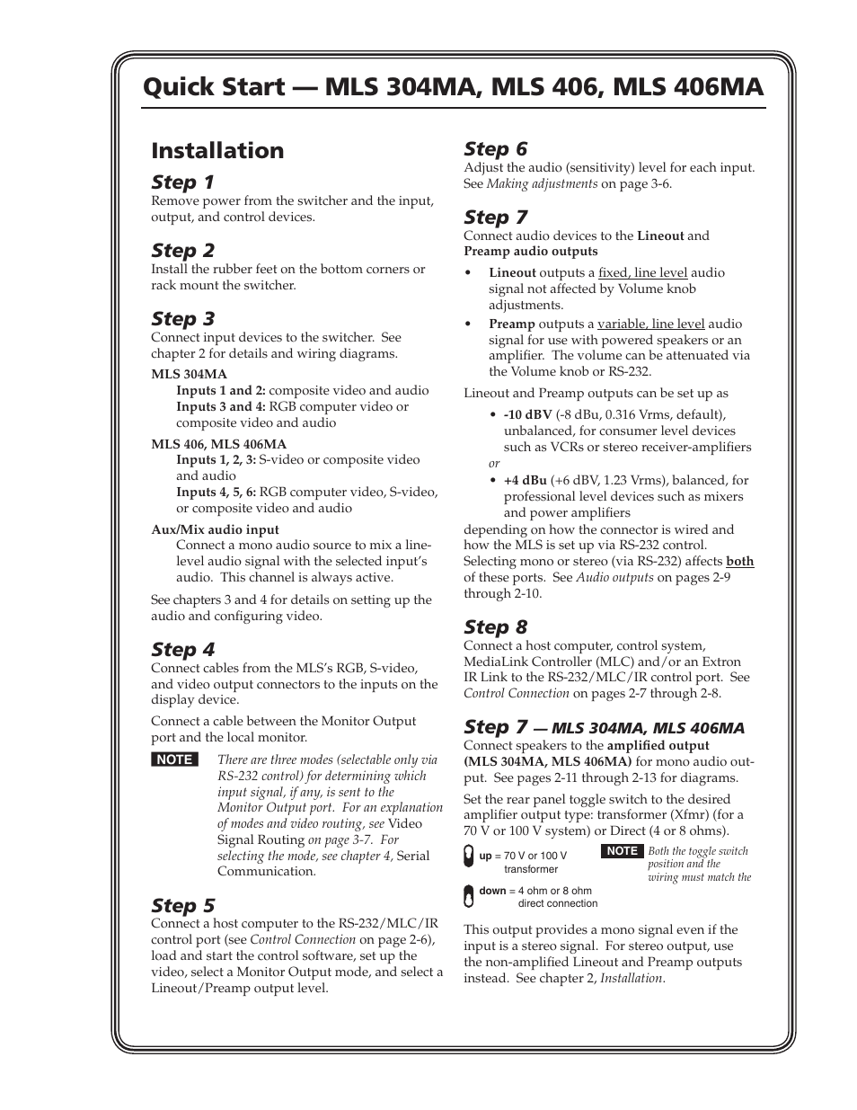 Qs-1.pdf, Installation, Step 1 | Step 2, Step 3, Step 4, Step 5, Step 6, Step 7, Step 8 | Extron Electronics MLS 406SA User Manual | Page 3 / 62