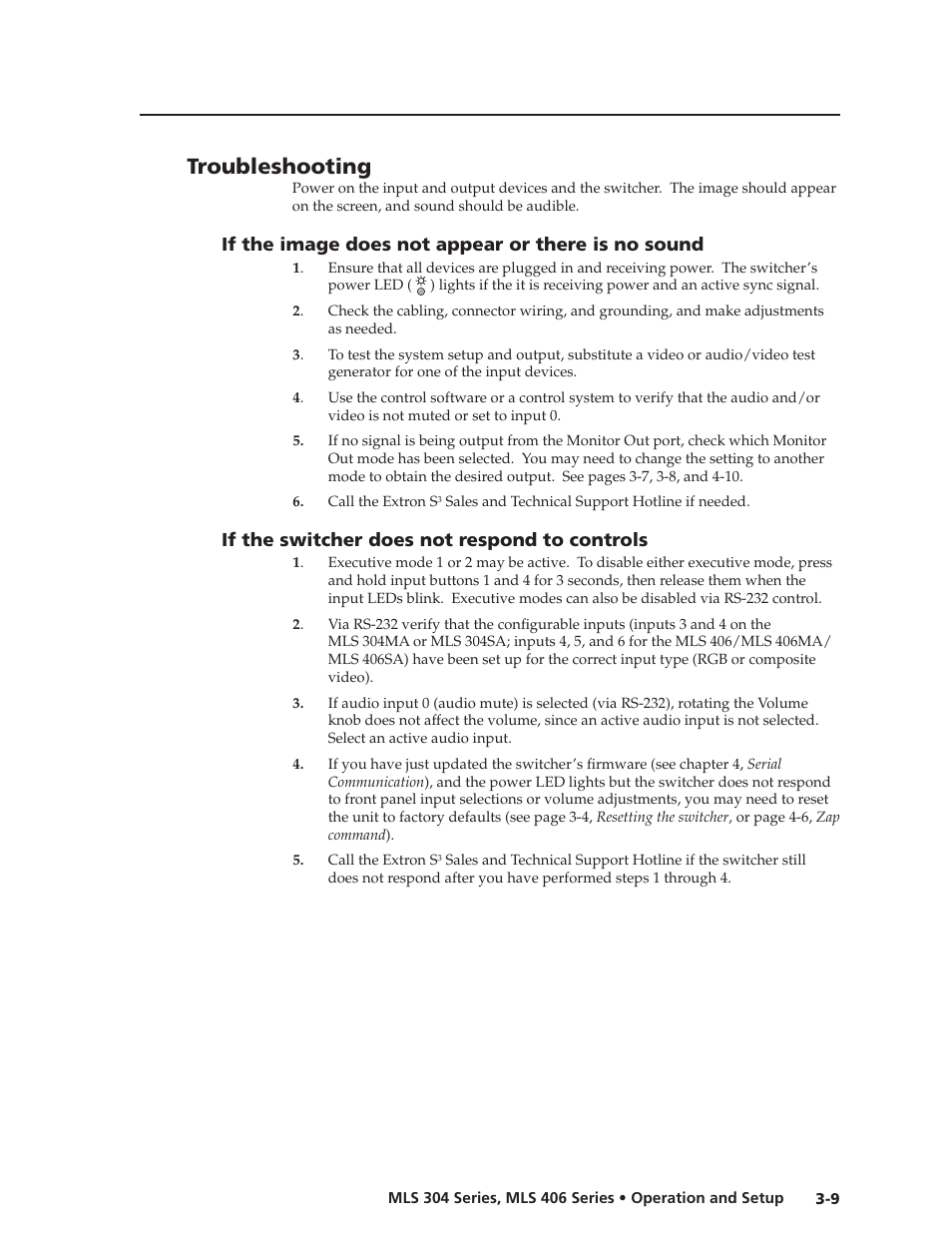 Preliminar y, Troubleshooting | Extron Electronics MLS 406SA User Manual | Page 33 / 62